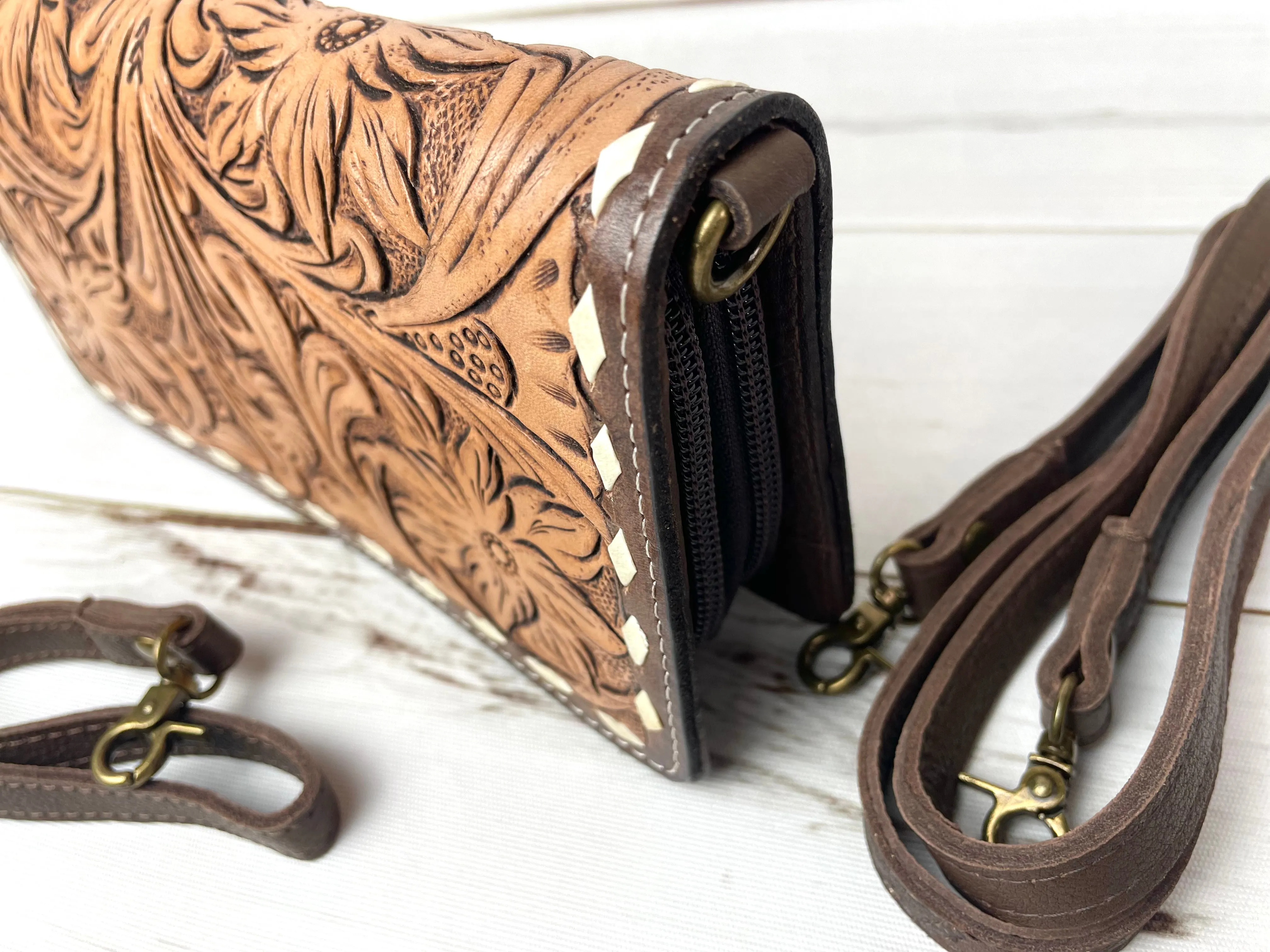 Two Toned Leather Tooled Buckstitch Carryall Wallet Organizer