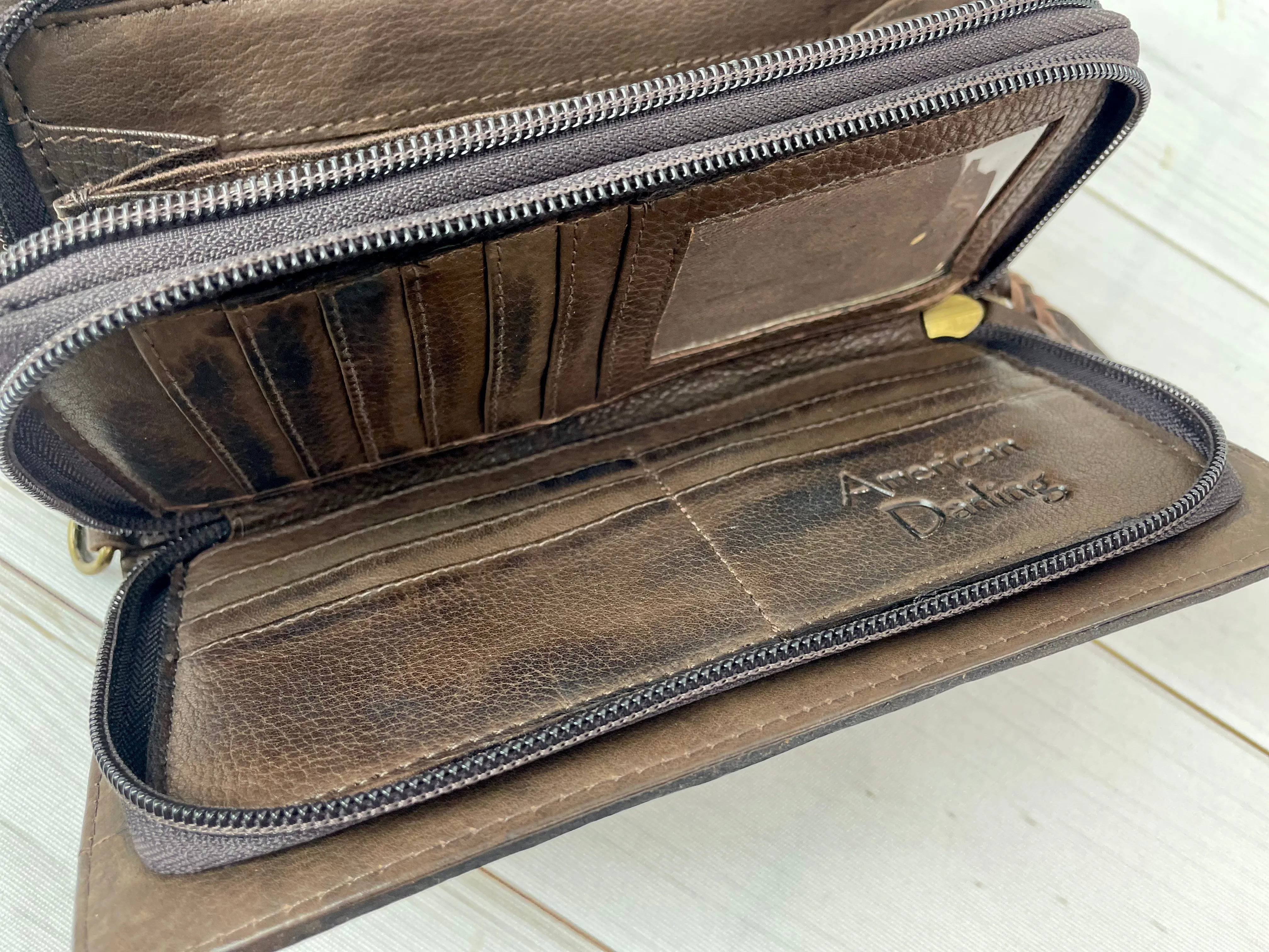 Two Toned Leather Tooled Buckstitch Carryall Wallet Organizer