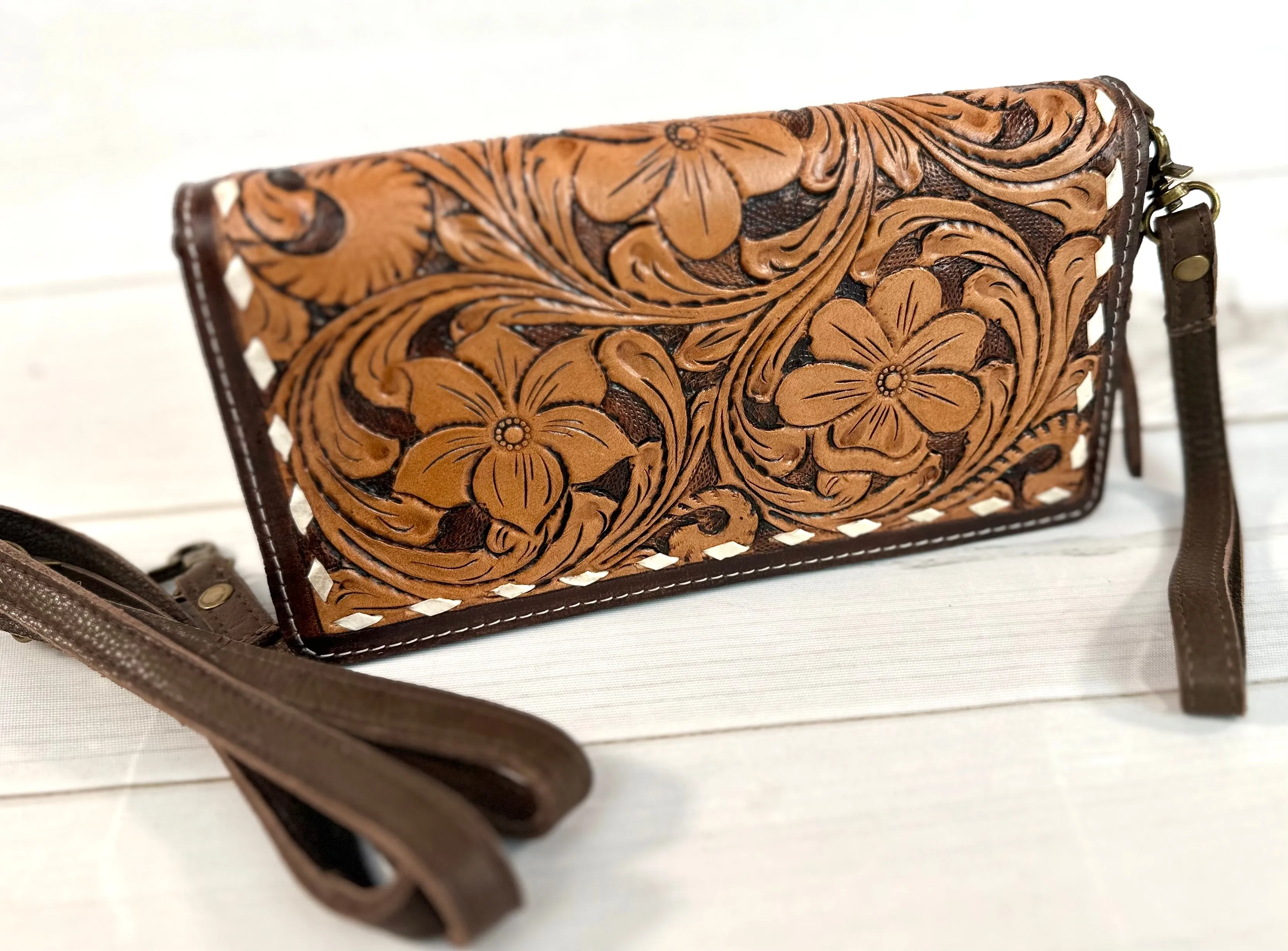 Two Toned Leather Tooled Buckstitch Carryall Wallet Organizer