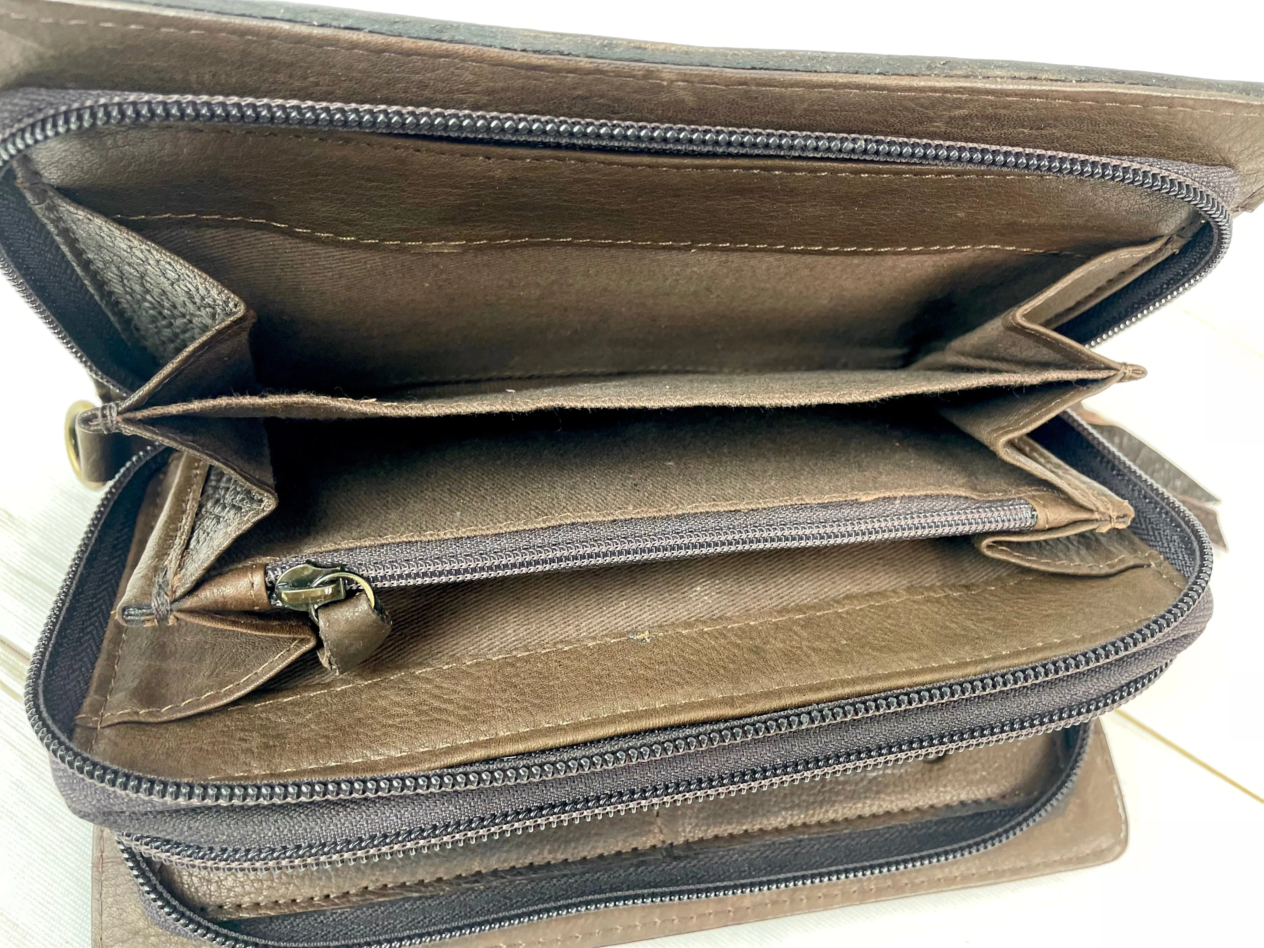 Two Toned Leather Tooled Buckstitch Carryall Wallet Organizer
