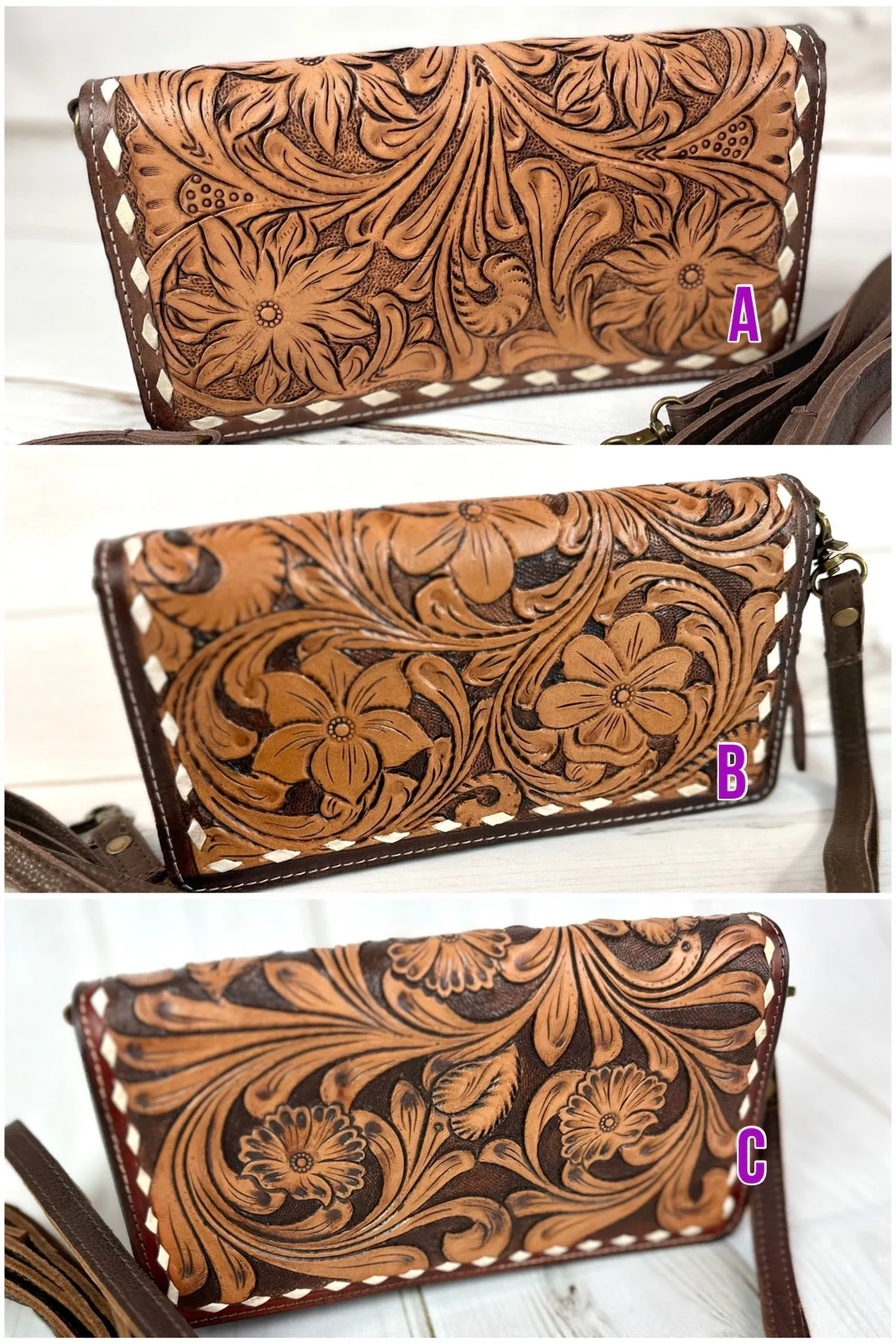 Two Toned Leather Tooled Buckstitch Carryall Wallet Organizer