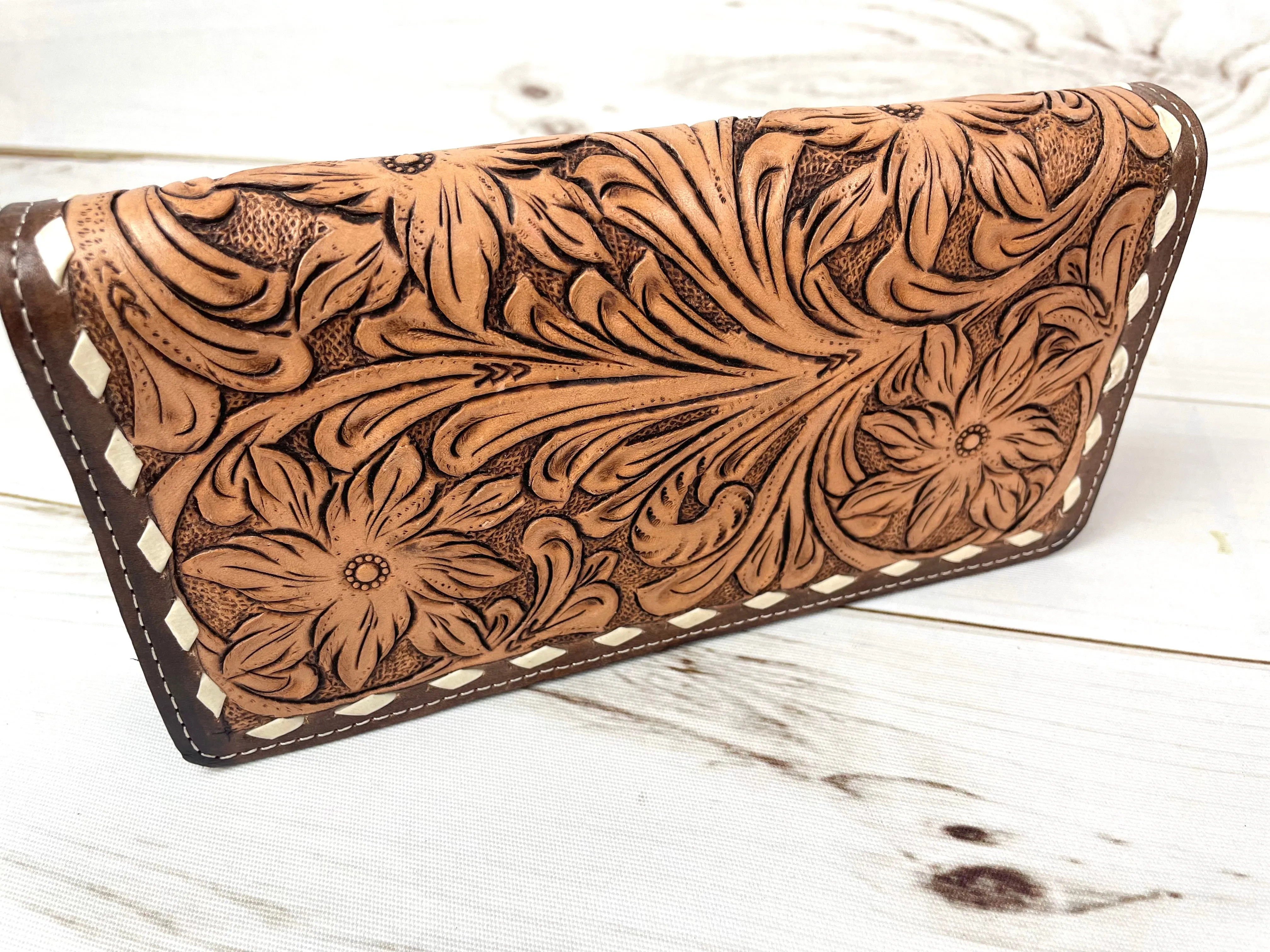 Two Toned Leather Tooled Buckstitch Carryall Wallet Organizer