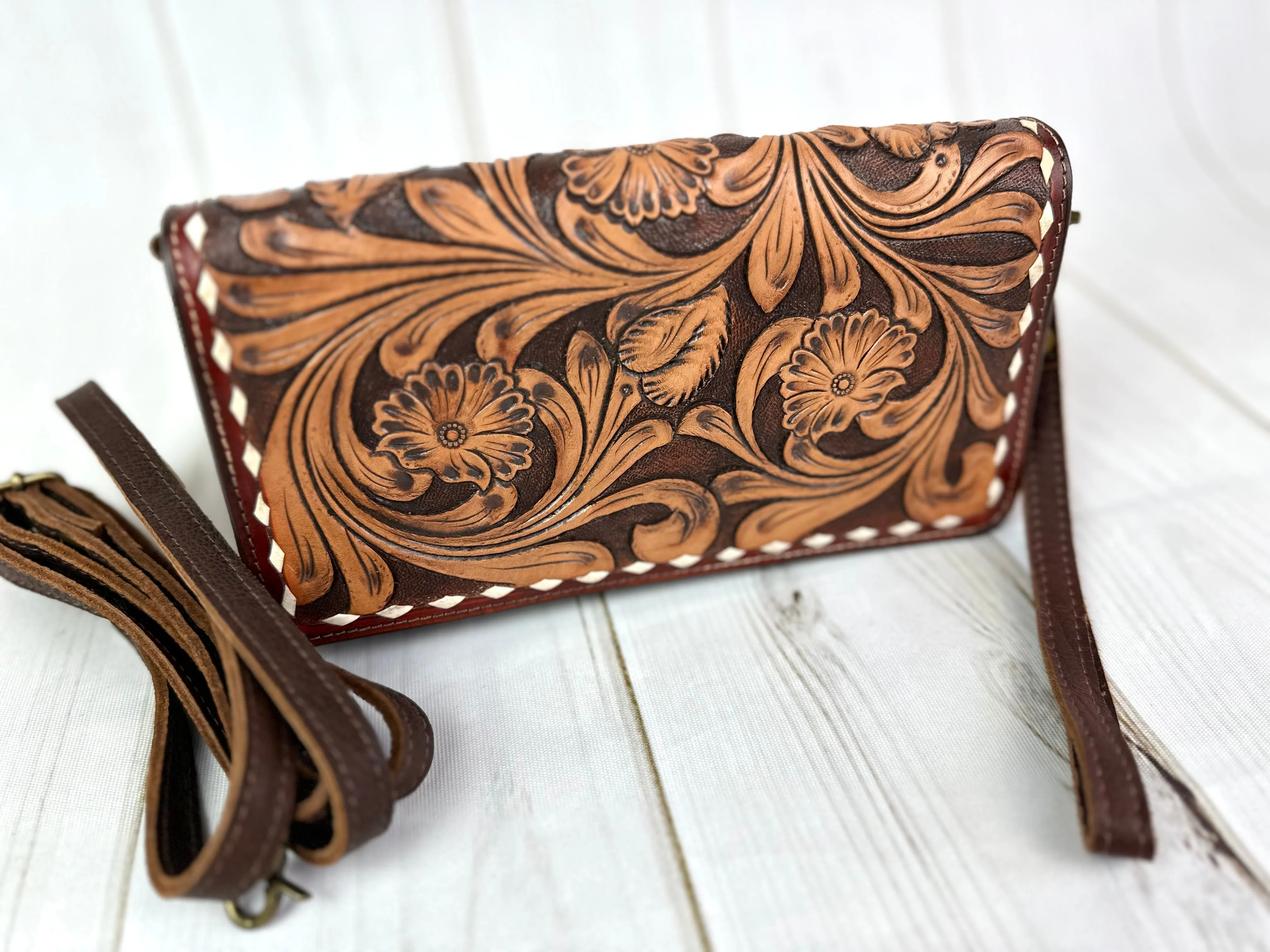 Two Toned Leather Tooled Buckstitch Carryall Wallet Organizer