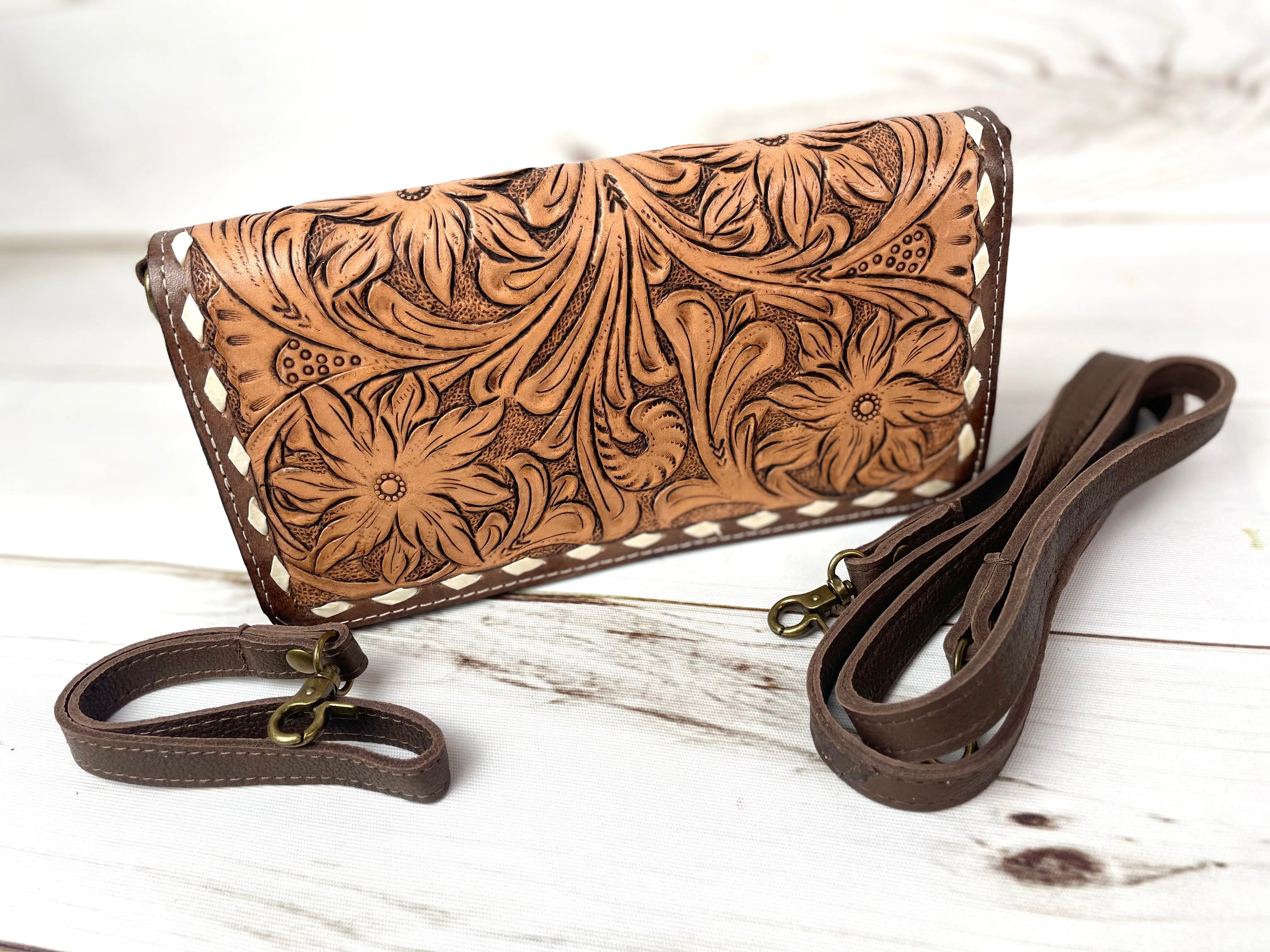 Two Toned Leather Tooled Buckstitch Carryall Wallet Organizer