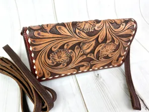 Two Toned Leather Tooled Buckstitch Carryall Wallet Organizer