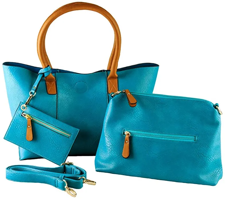 Ultra Soft 3 in 1 Faux Leather Teal Tote Set by Sofia Vitali! Includes all 3 bags! Handbag, over the shoulder & credit card zip pouch for exercise or shopping! Retails $8O 