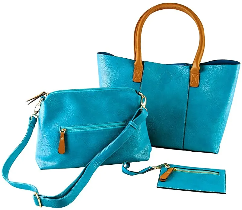 Ultra Soft 3 in 1 Faux Leather Teal Tote Set by Sofia Vitali! Includes all 3 bags! Handbag, over the shoulder & credit card zip pouch for exercise or shopping! Retails $8O 