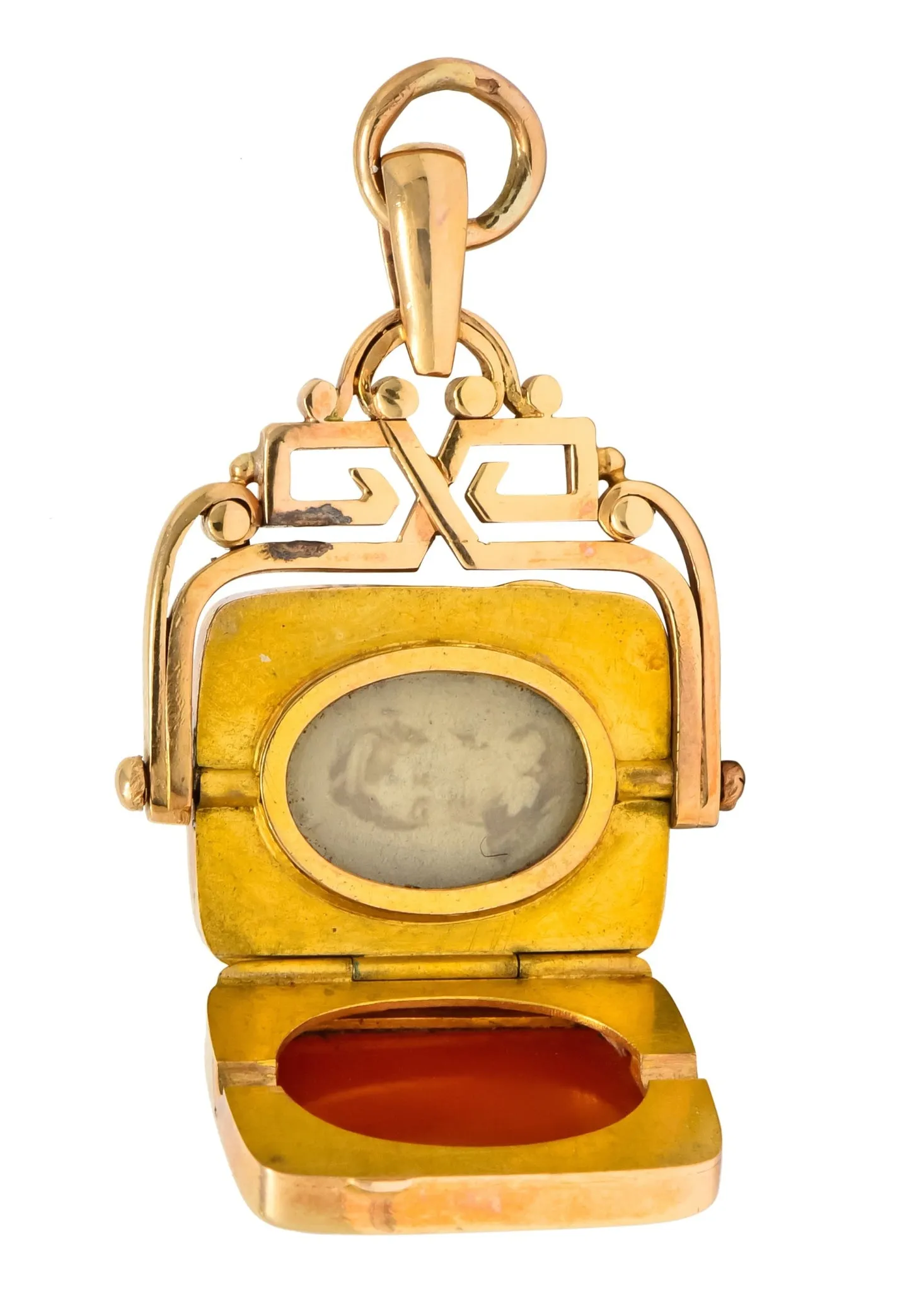 Unique 1870's French Victorian Agate Hardstone 14 Karat Gold Locket Fob Pendant