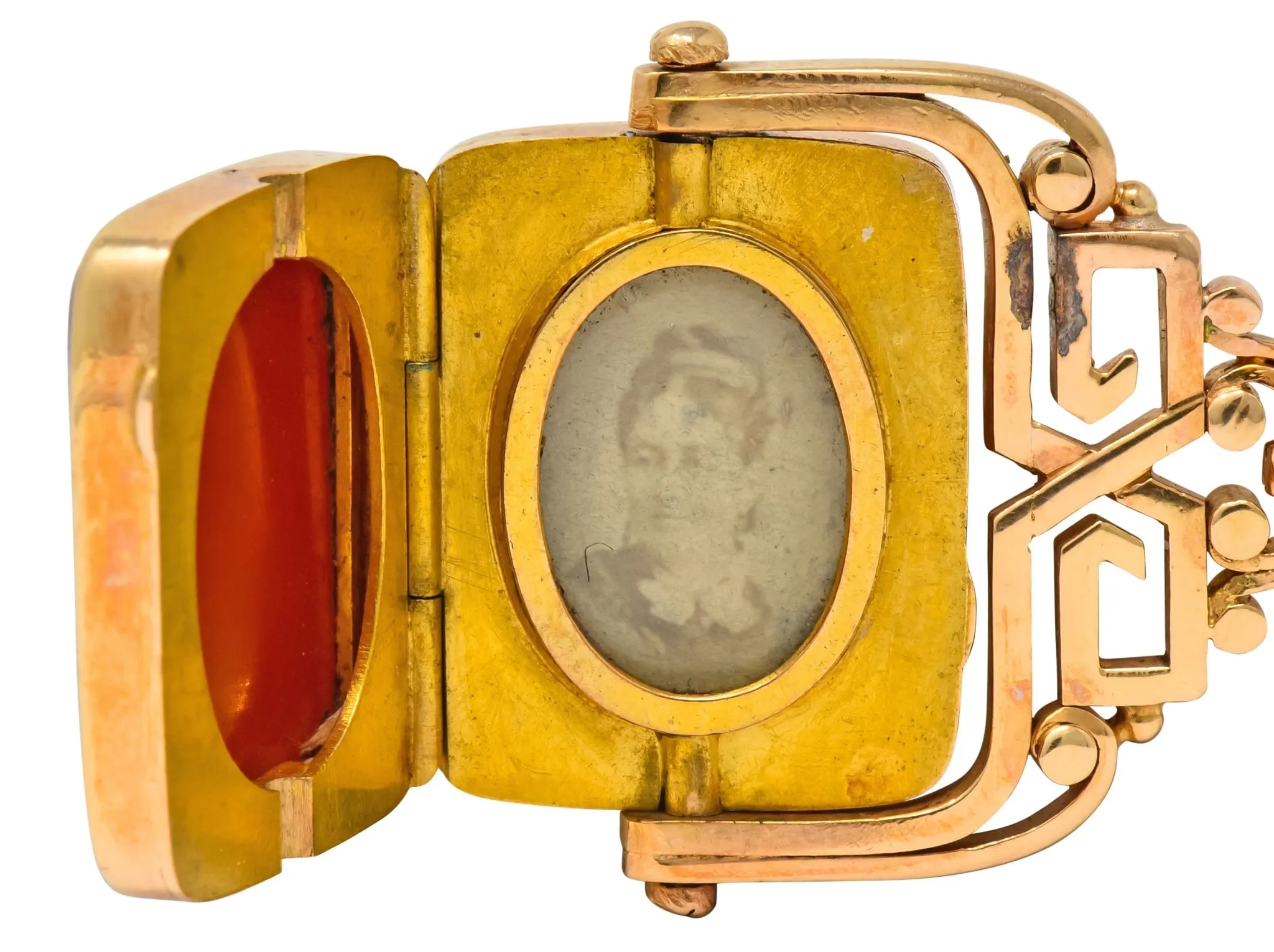 Unique 1870's French Victorian Agate Hardstone 14 Karat Gold Locket Fob Pendant
