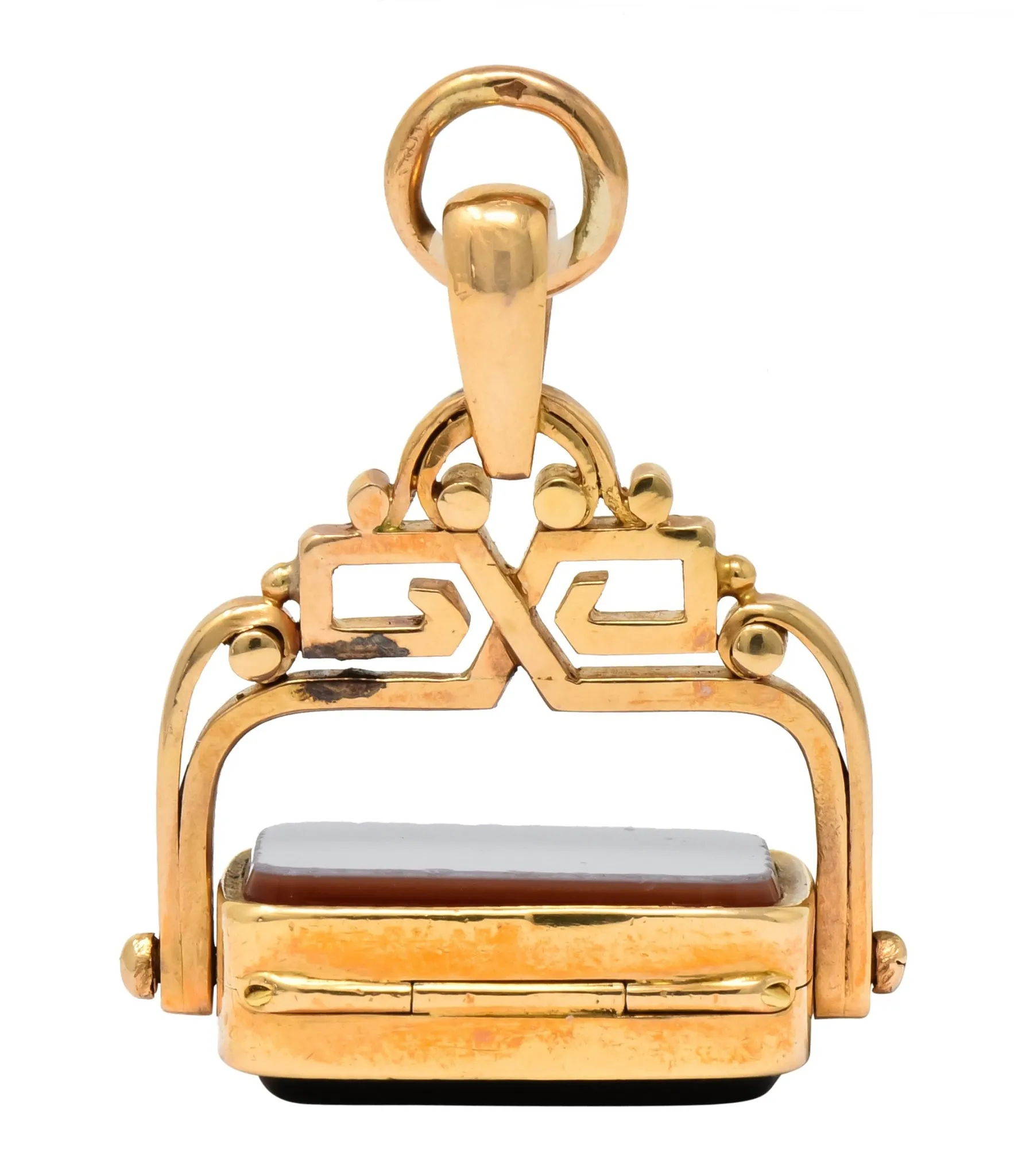 Unique 1870's French Victorian Agate Hardstone 14 Karat Gold Locket Fob Pendant