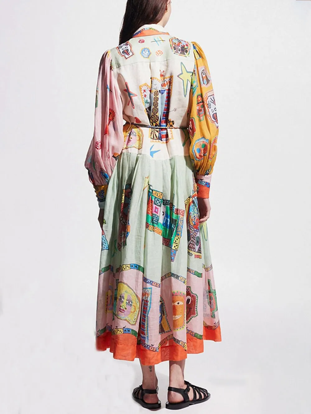 Unique Print Colorblock Balloon Graceful Sleeve Belt Shirt Midi Dress