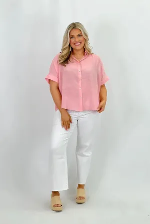 Vacay Pink Solid Short Sleeve Button Up Top