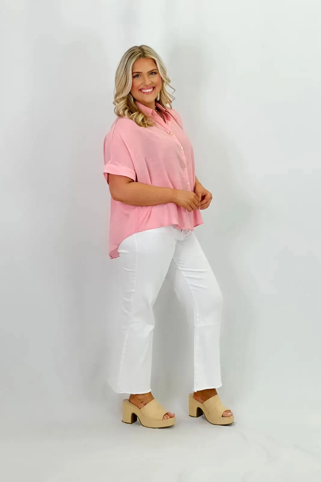 Vacay Pink Solid Short Sleeve Button Up Top