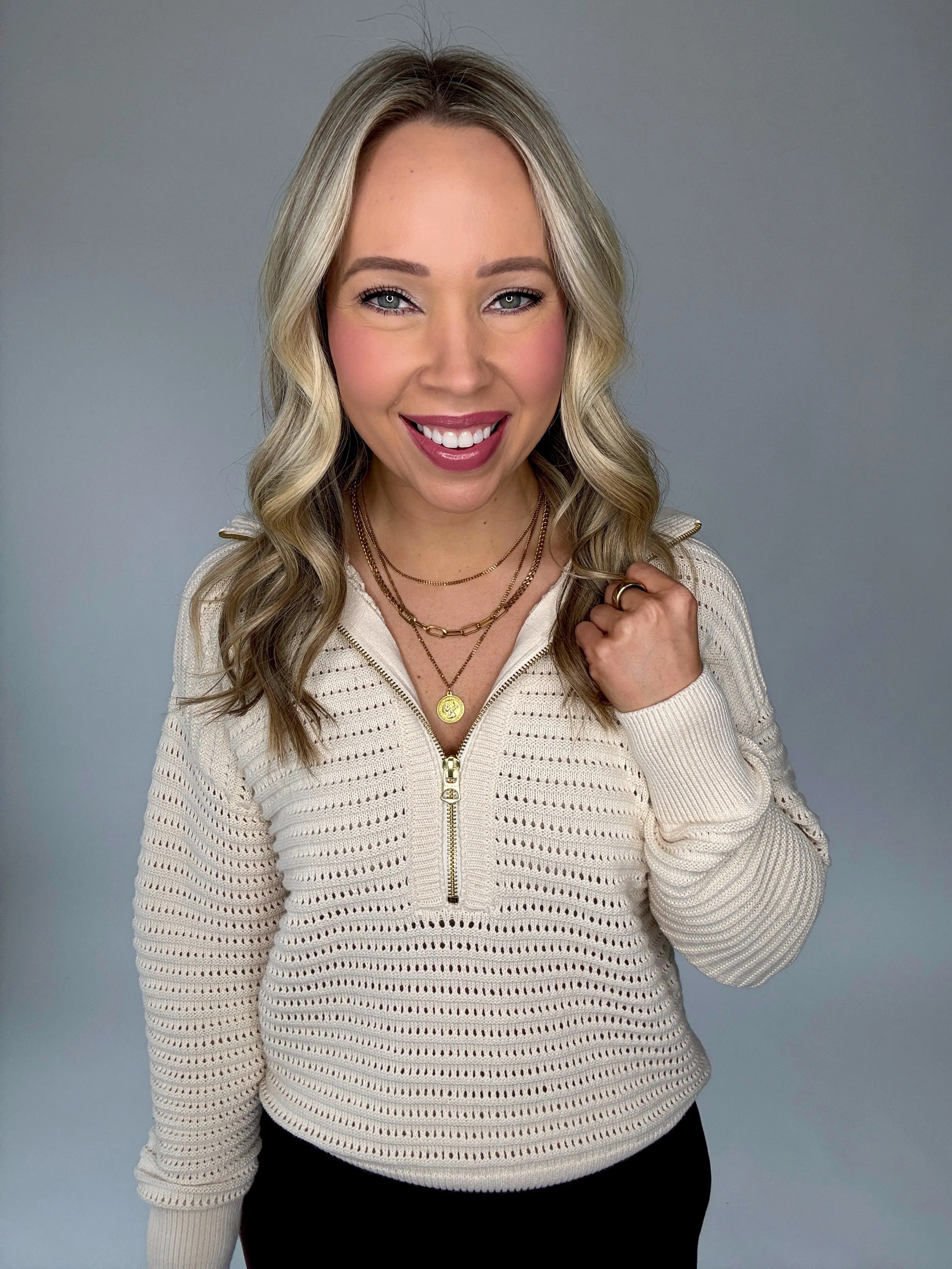 VARLEY Tara Pointelle Half-Zip - Whitecap Grey