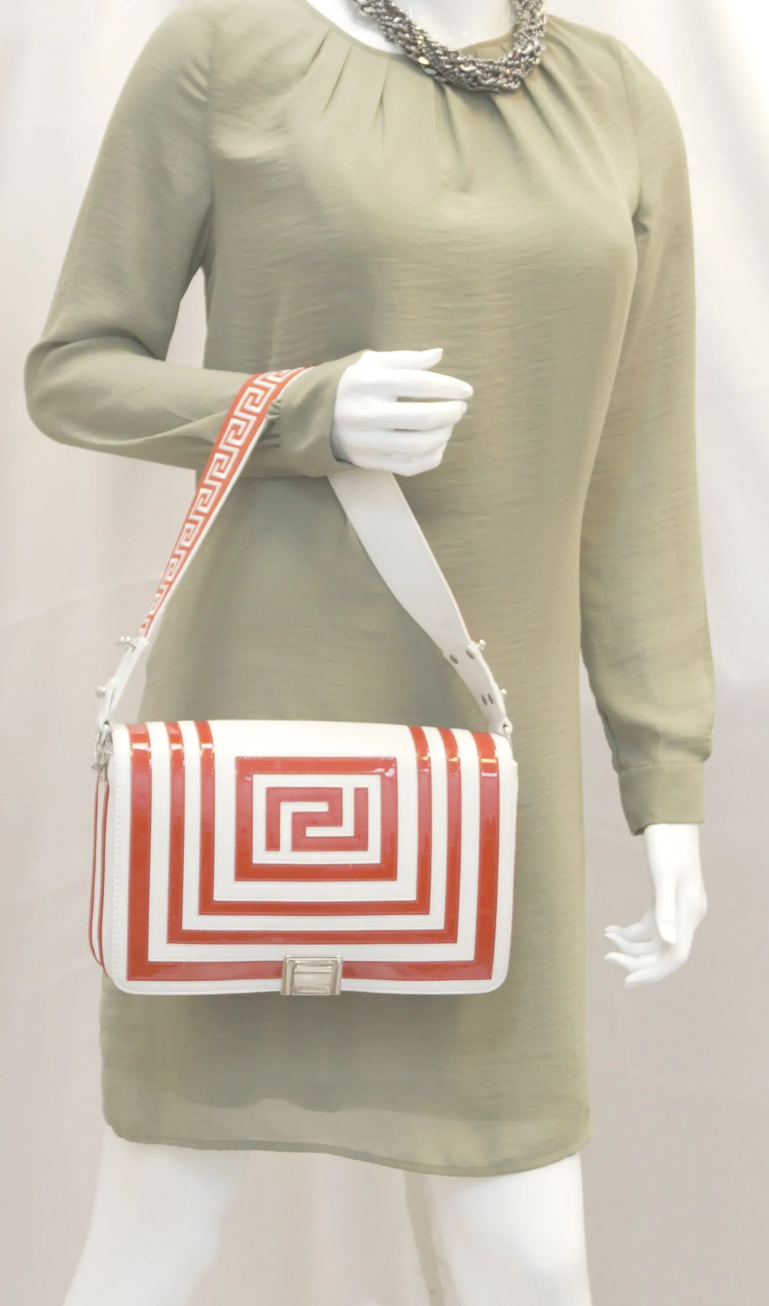 Versace Patent Leather Red/White Short Handle Flap Shoulder Bag - Last Call