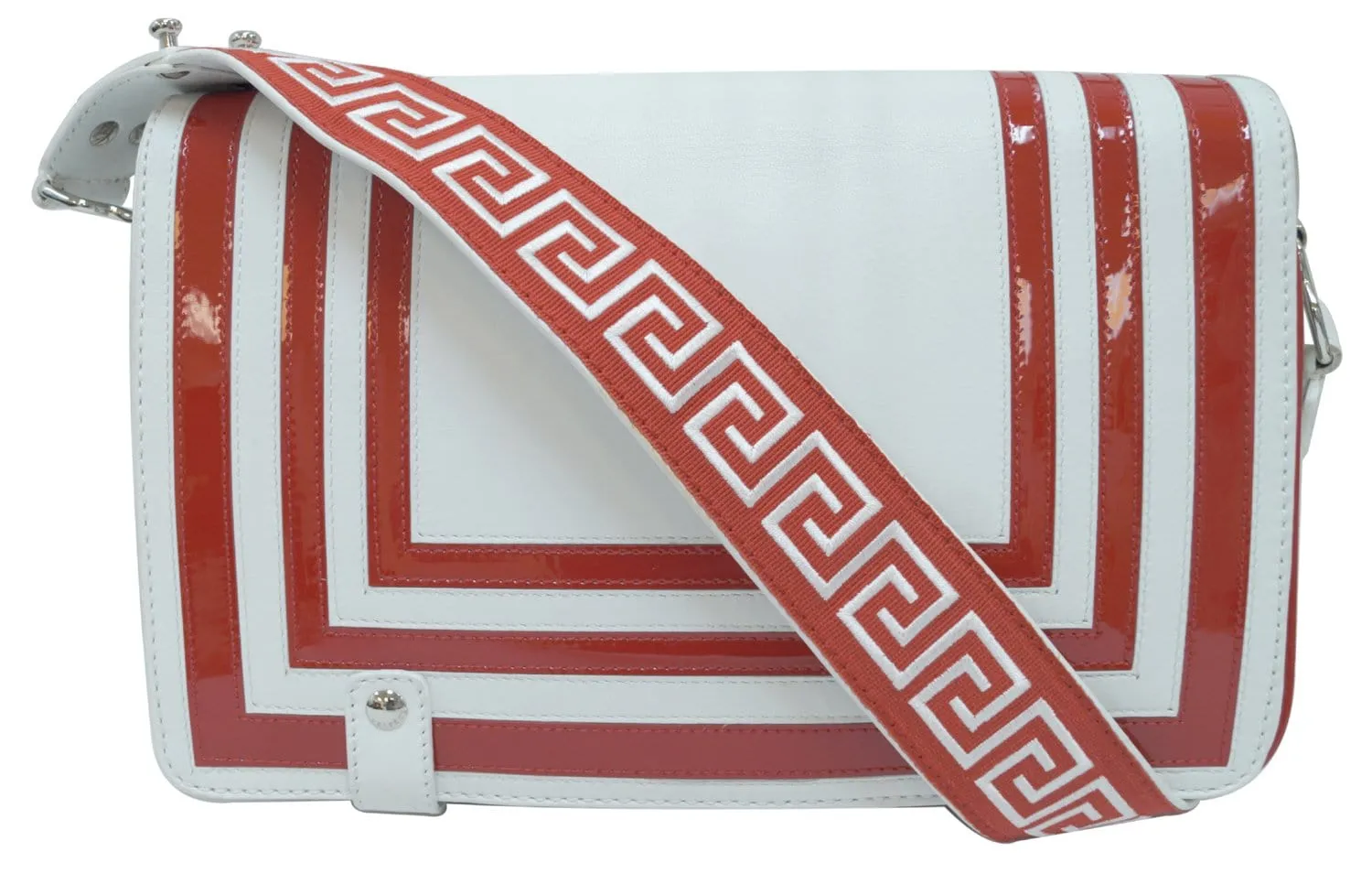 Versace Patent Leather Red/White Short Handle Flap Shoulder Bag - Last Call