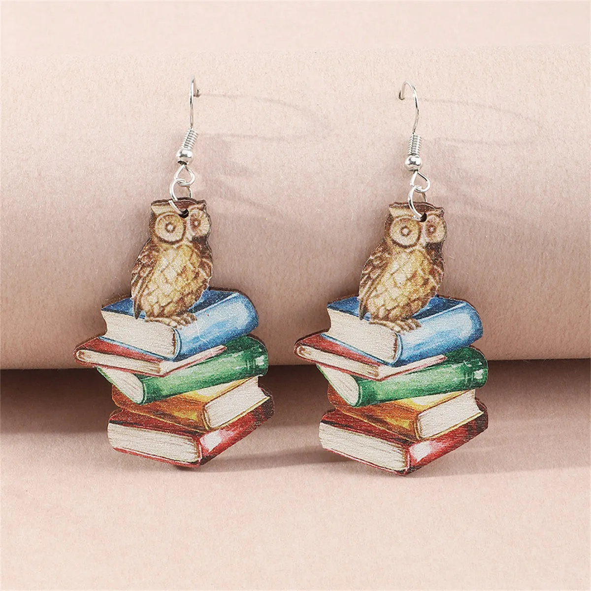 Vibrant Wood Watercolor Owl Book Drop Earrings