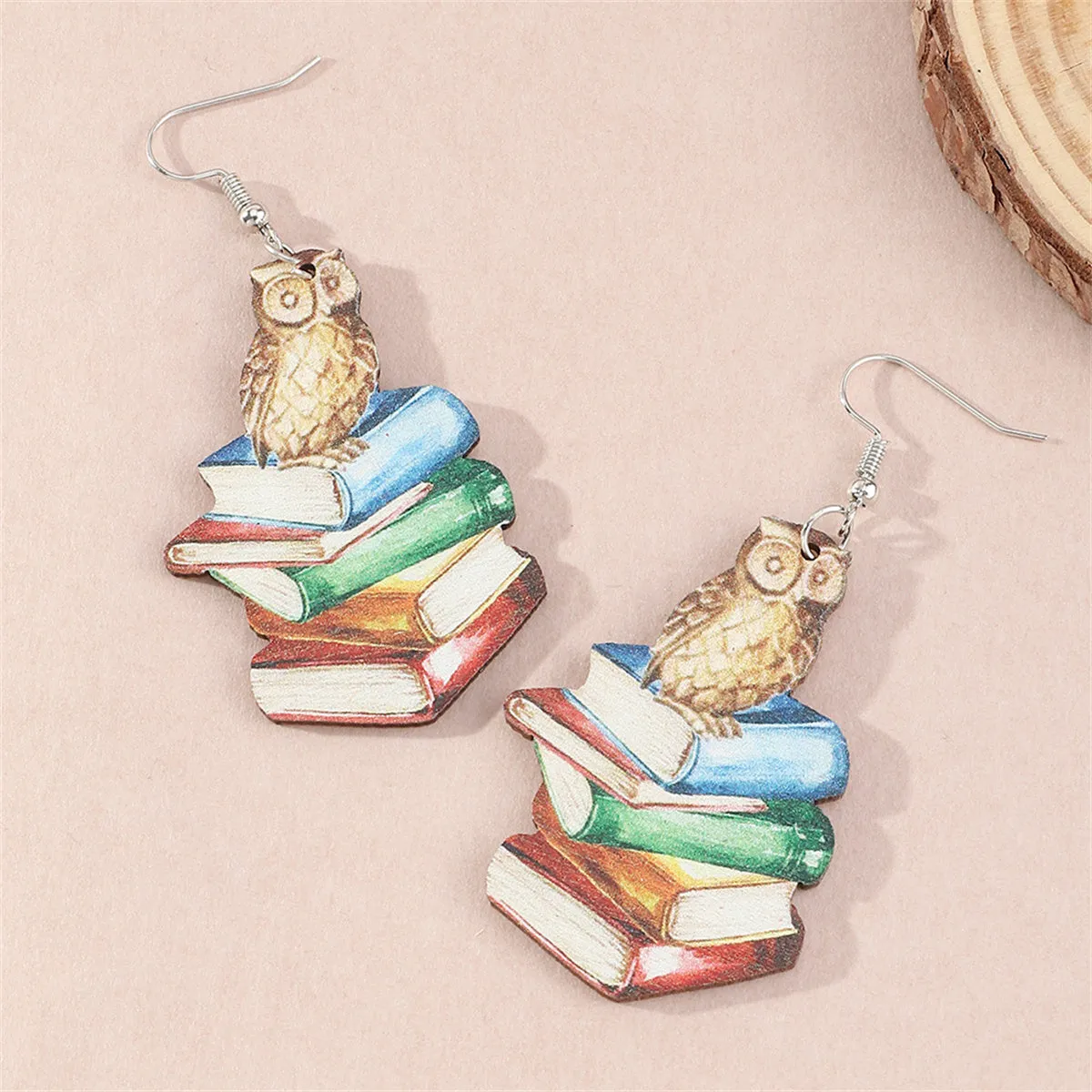 Vibrant Wood Watercolor Owl Book Drop Earrings