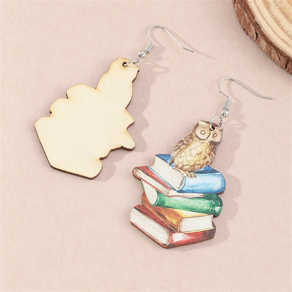 Vibrant Wood Watercolor Owl Book Drop Earrings