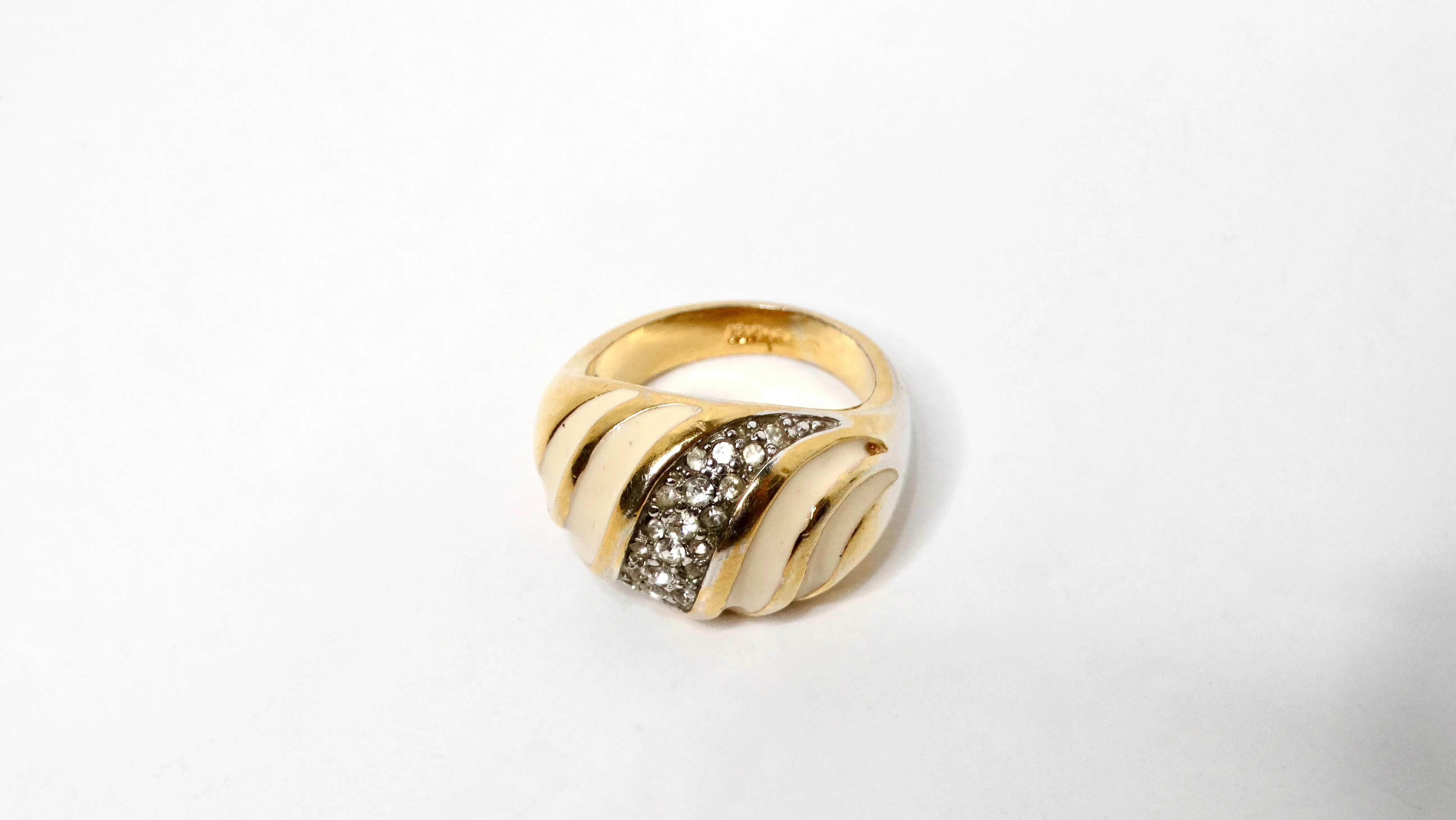 Vintage 1970s 18k Gold Plated & Crystal Striped Dome Ring