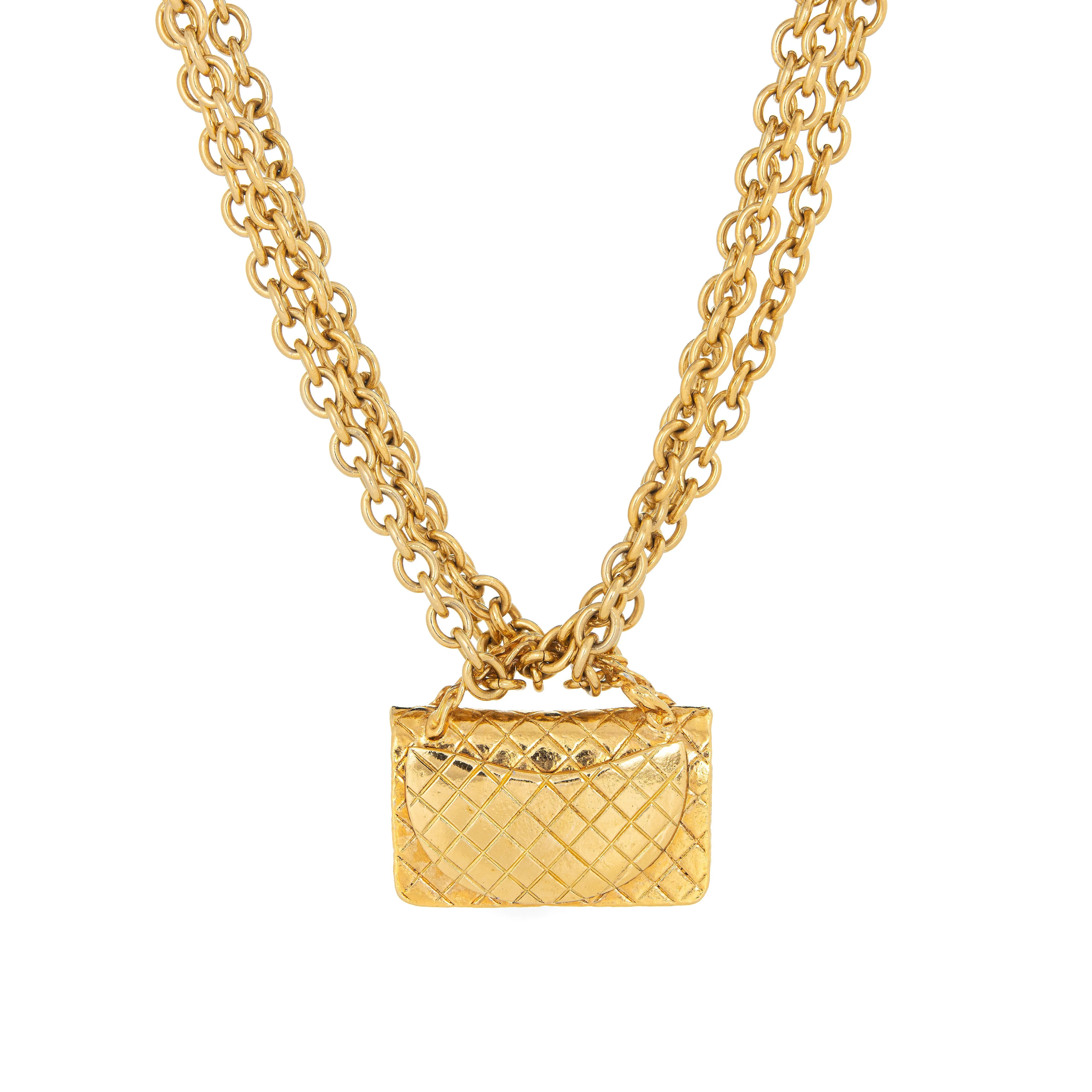 Vintage Chanel 2.55 Handbag Necklace Circa 1980s Triple Strand Yellow Gold Tone