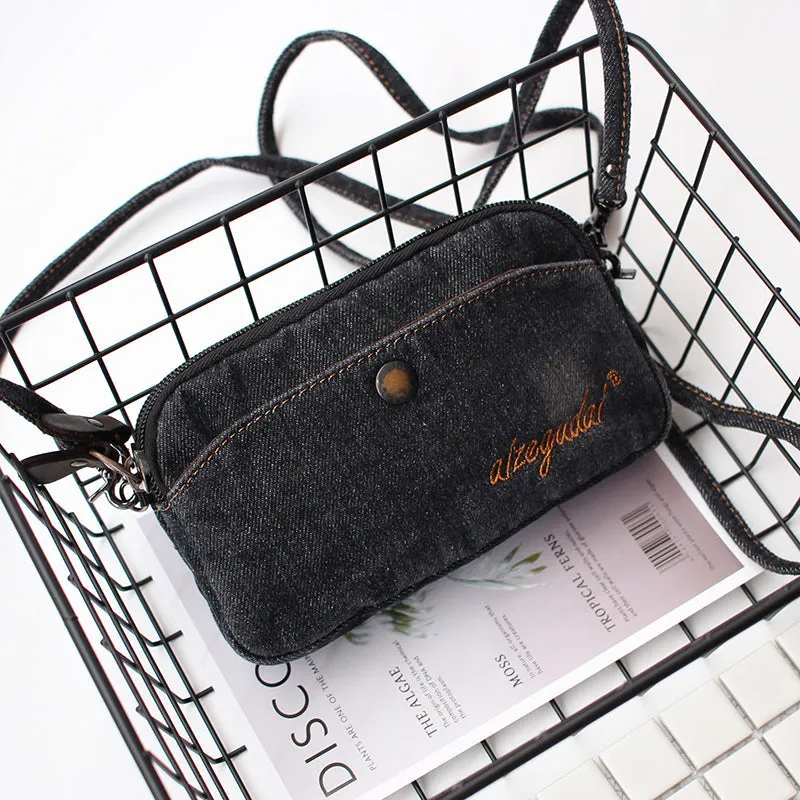Vintage Womens Black Denim Wristlet Card Purse Denim Wristlet Coin Key Wallet for Women