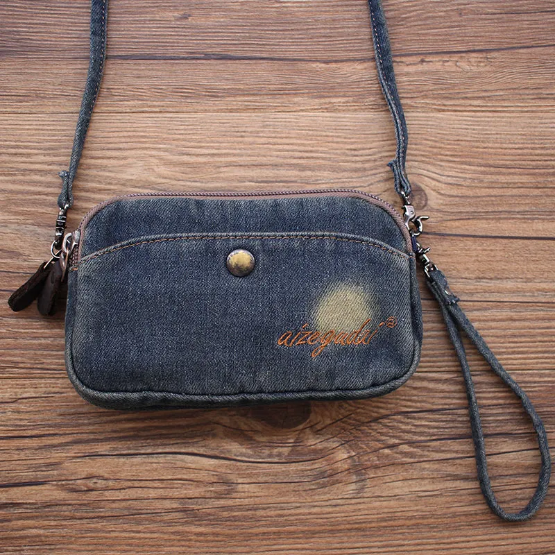 Vintage Womens Black Denim Wristlet Card Purse Denim Wristlet Coin Key Wallet for Women