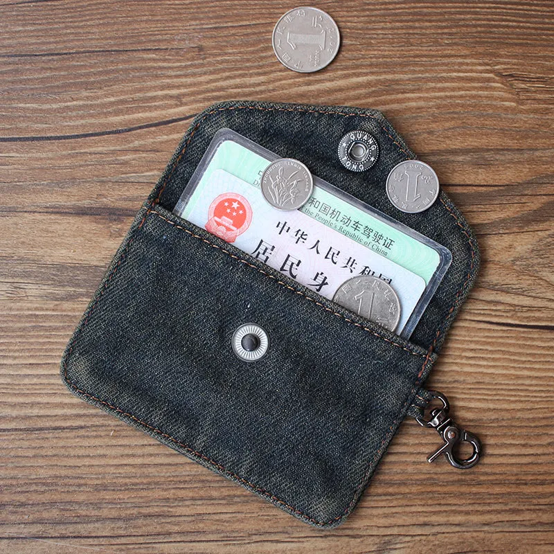 Vintage Womens Denim Card Holder with Lanyard Denim Blue Small Card Coin Bag for Women