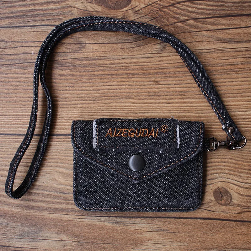 Vintage Womens Denim Card Holder with Lanyard Denim Blue Small Card Coin Bag for Women