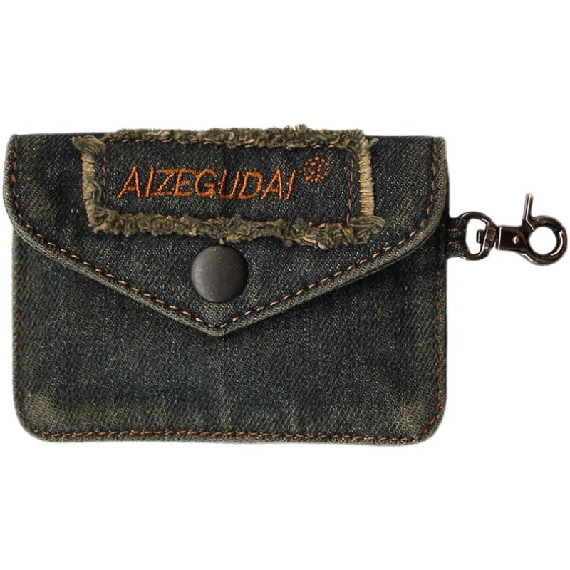 Vintage Womens Denim Card Holder with Lanyard Denim Blue Small Card Coin Bag for Women