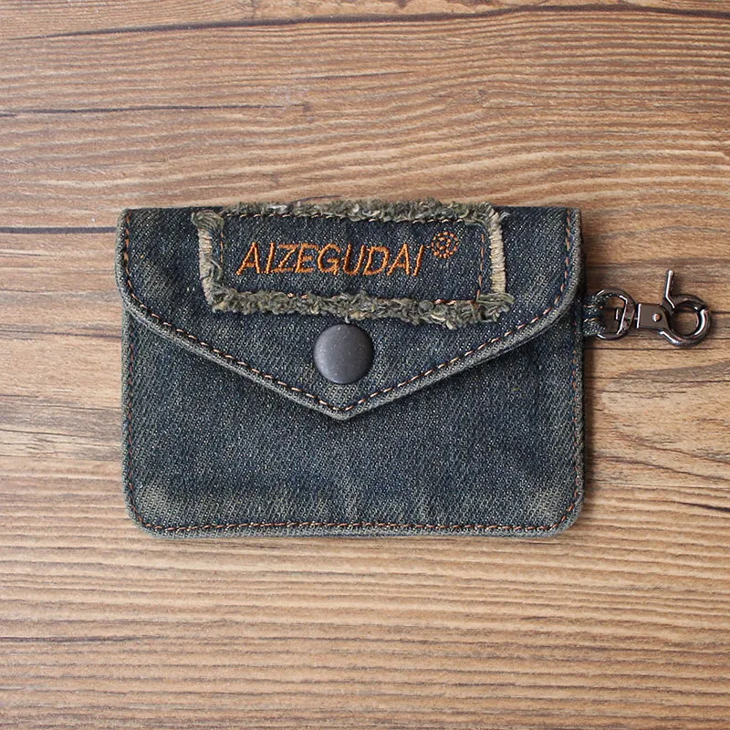 Vintage Womens Denim Card Holder with Lanyard Denim Blue Small Card Coin Bag for Women