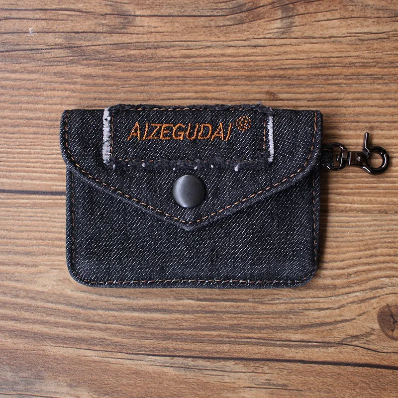 Vintage Womens Denim Card Holder with Lanyard Denim Blue Small Card Coin Bag for Women