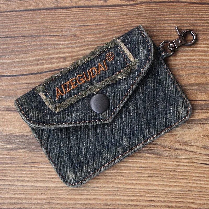 Vintage Womens Denim Card Holder with Lanyard Denim Blue Small Card Coin Bag for Women