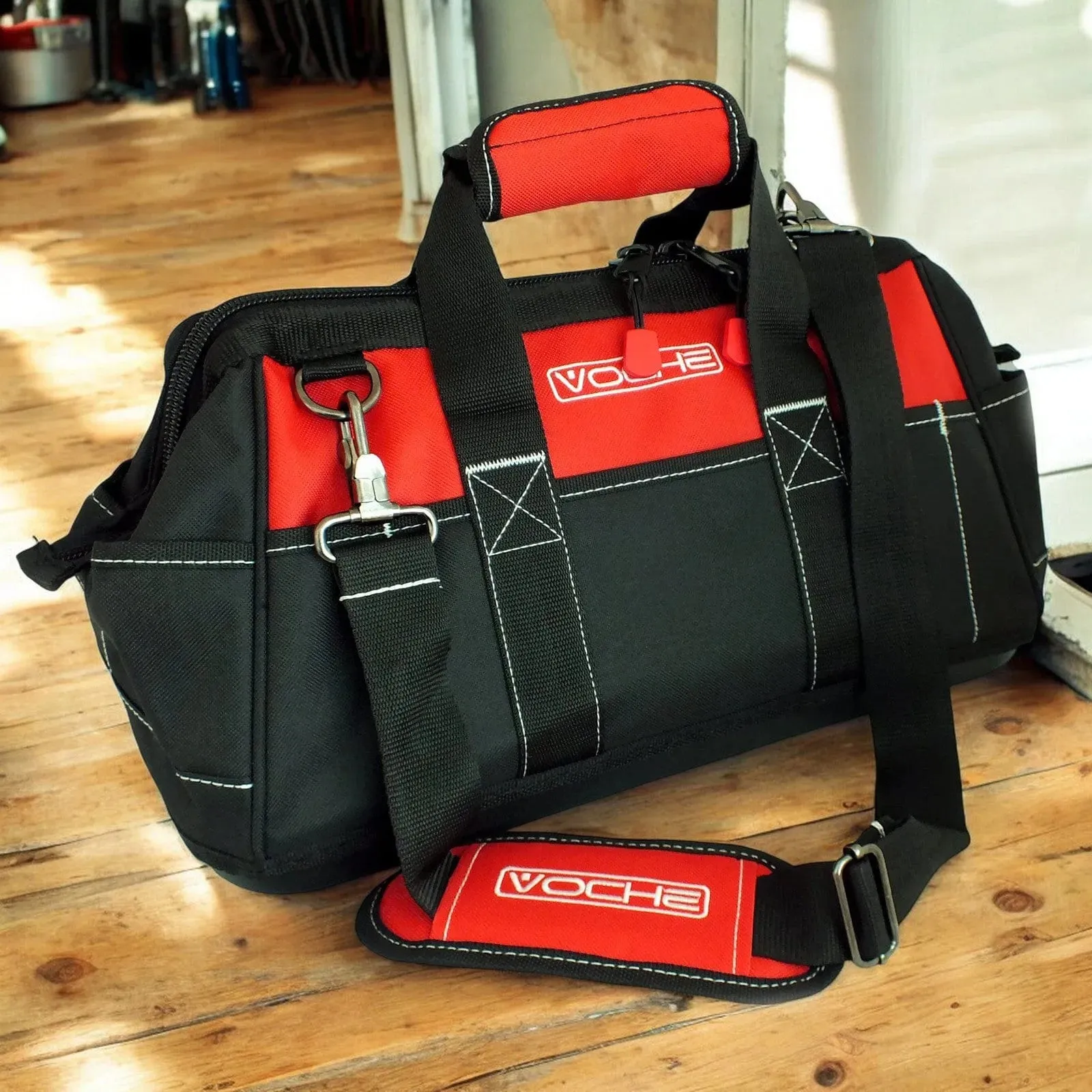 Voche 16" Wide Opening 21 Pocket Tool Bag with Rigid Base and Shoulder Strap