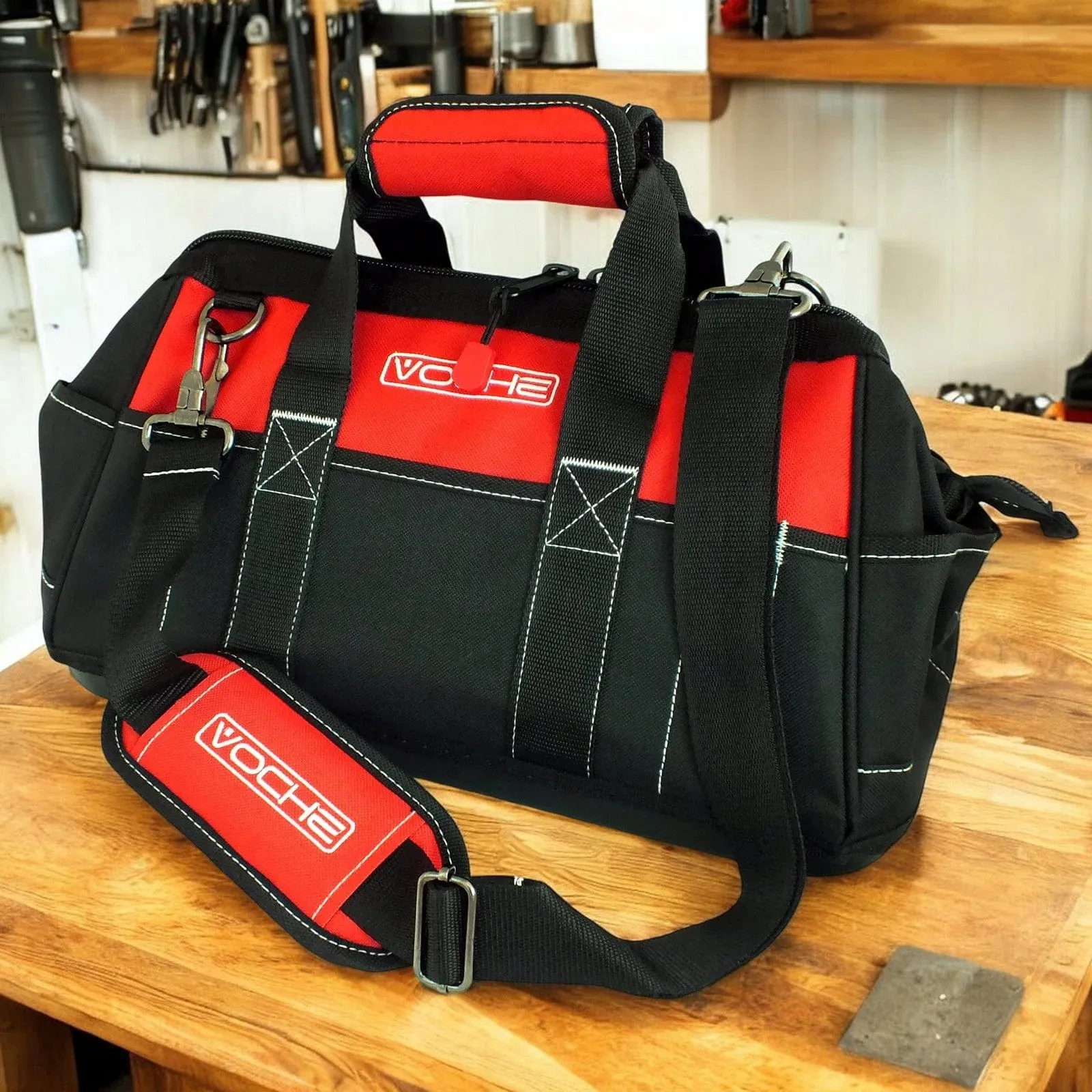 Voche 16" Wide Opening 21 Pocket Tool Bag with Rigid Base and Shoulder Strap