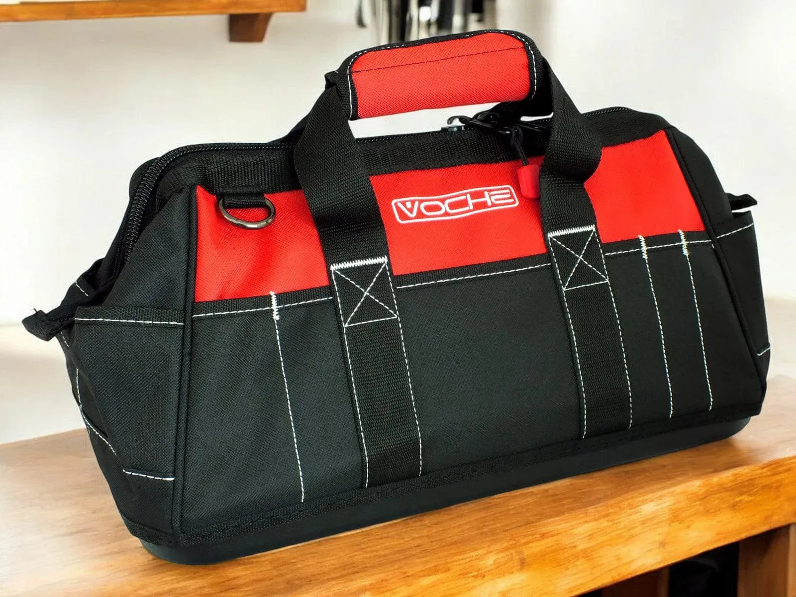 Voche 16" Wide Opening 21 Pocket Tool Bag with Rigid Base and Shoulder Strap