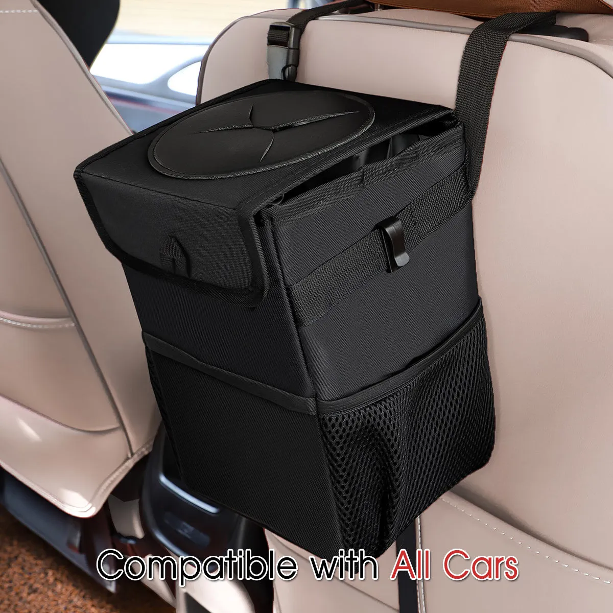Waterproof Car Trash Can with Lid and Storage Pockets, Compatible with All Cars, 100% Leak-Proof Car Organizer, Waterproof Car Garbage Can, Multipurpose Trash Bin for Car