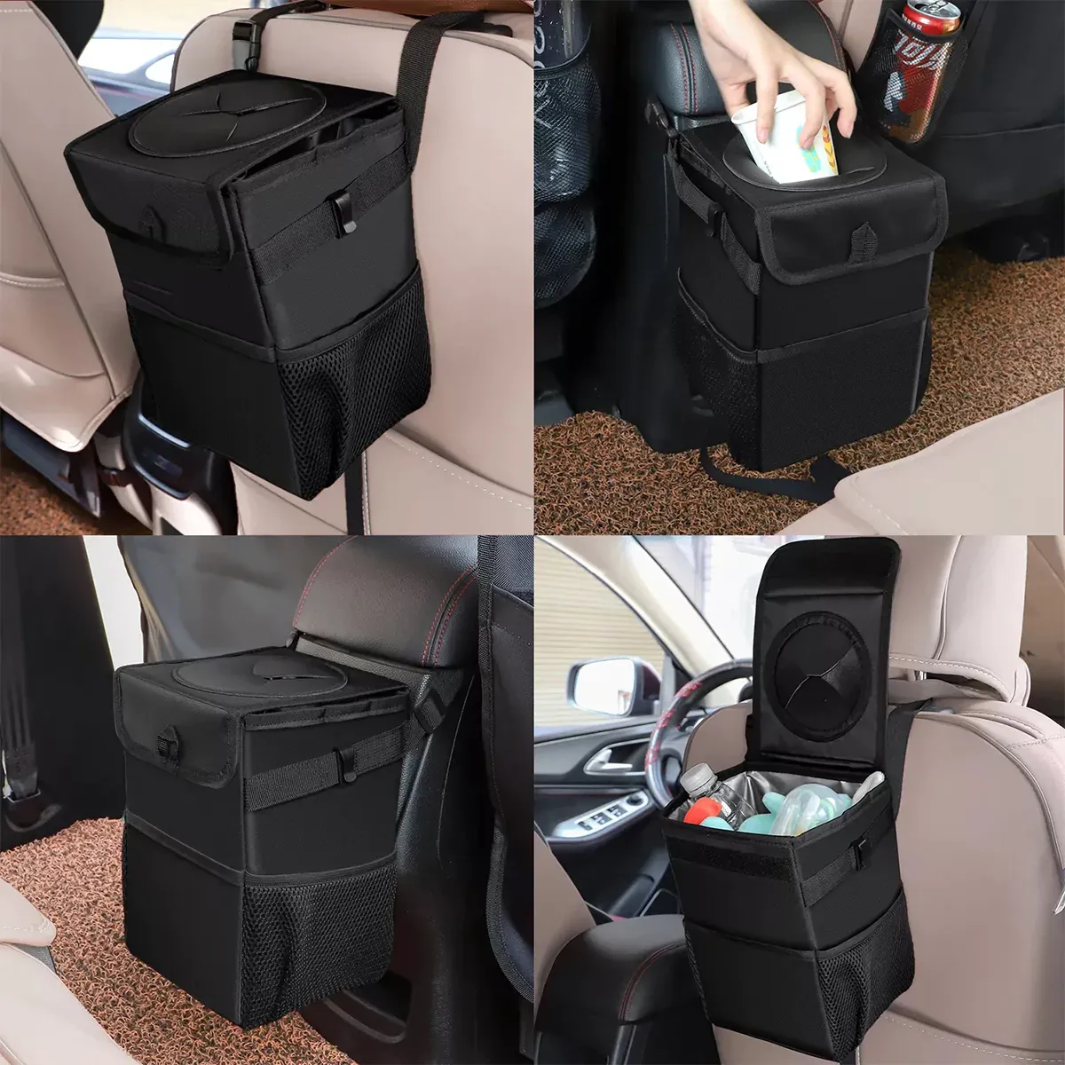 Waterproof Car Trash Can with Lid and Storage Pockets, Custom-Fit For Car, 100% Leak-Proof Car Organizer, Waterproof Car Garbage Can, Multipurpose Trash Bin for Car WAFT234