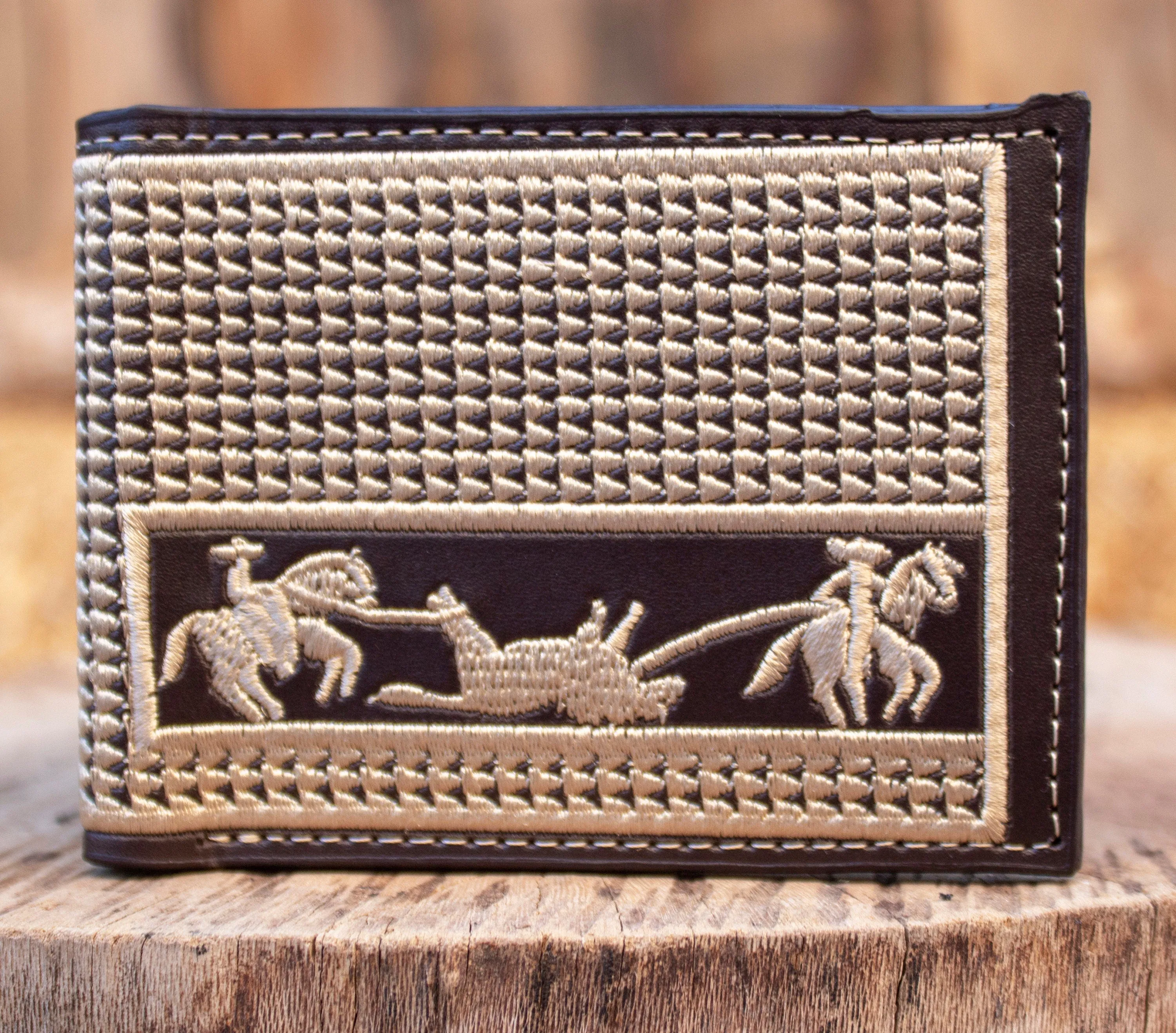 WESTERN RODEO EMBROIDERED leather bi fold wallet cartera Suerte charra jaripeo