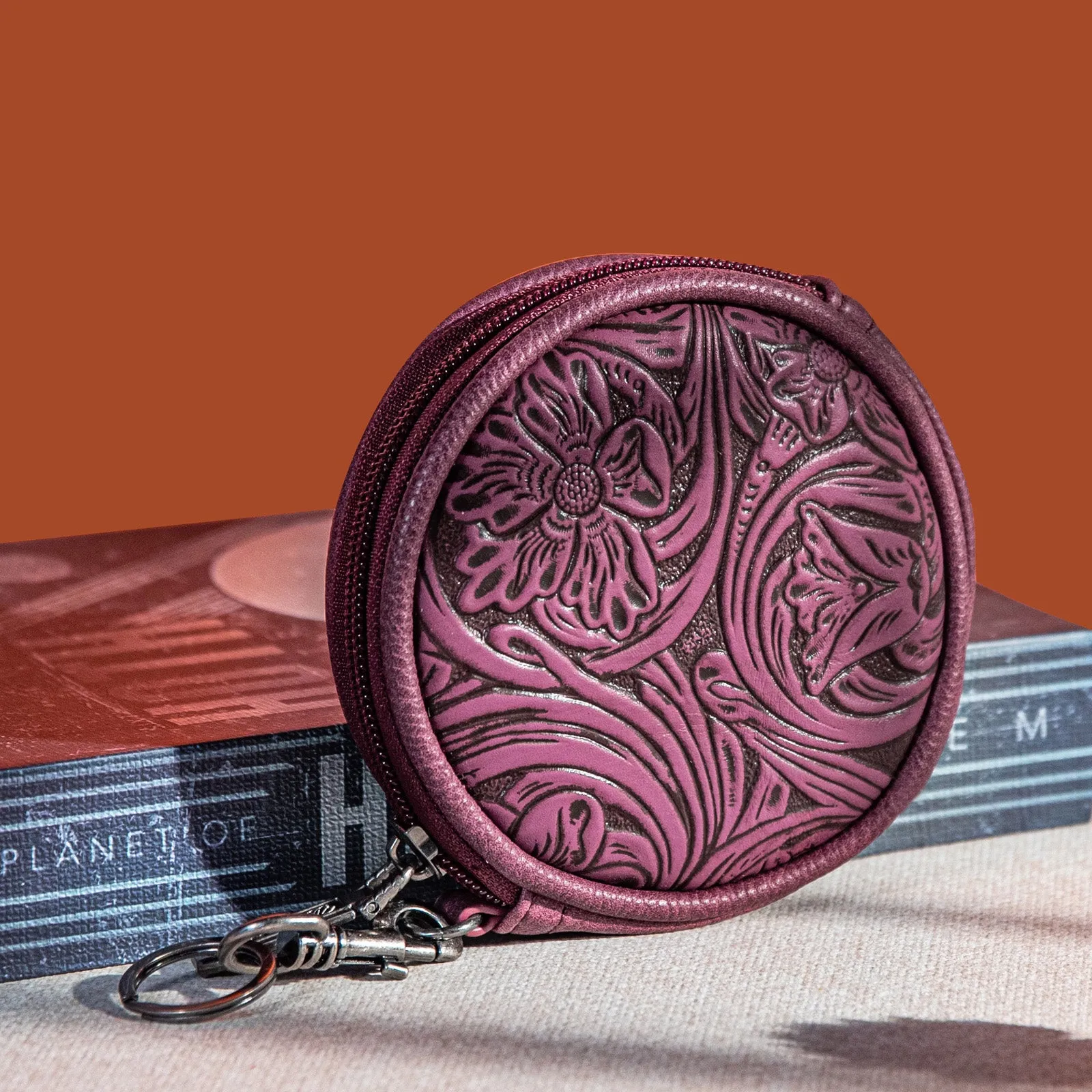 WG116-003  Wrangler Floral Tooled Circular Coin Pouch Bag Charm - Purple