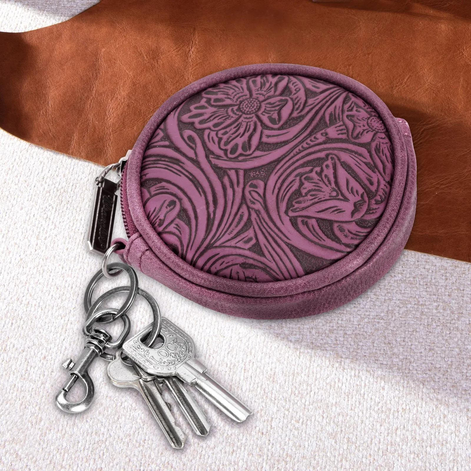 WG116-003  Wrangler Floral Tooled Circular Coin Pouch Bag Charm - Purple