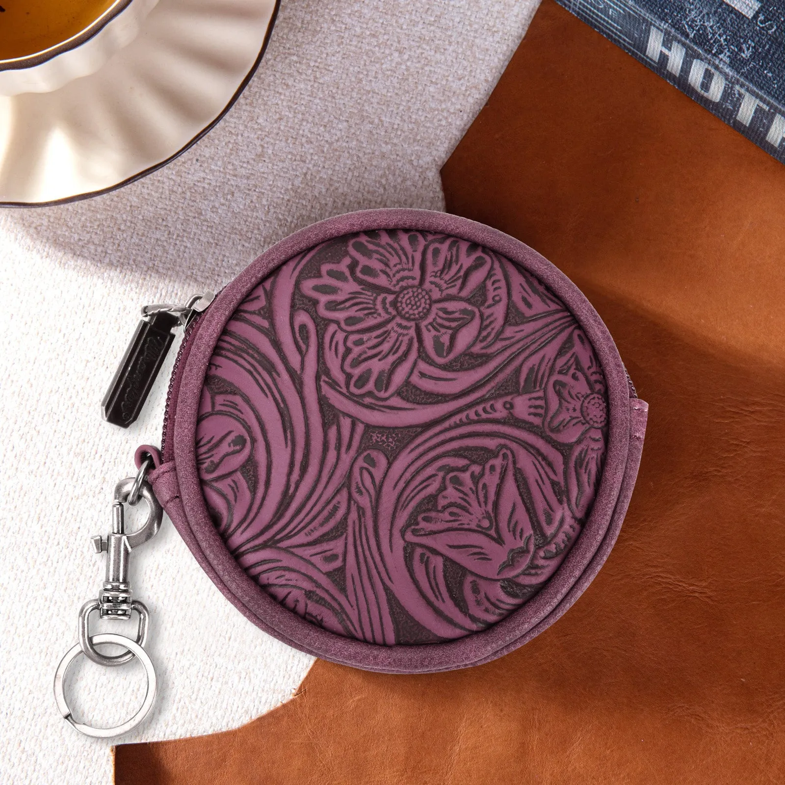 WG116-003  Wrangler Floral Tooled Circular Coin Pouch Bag Charm - Purple
