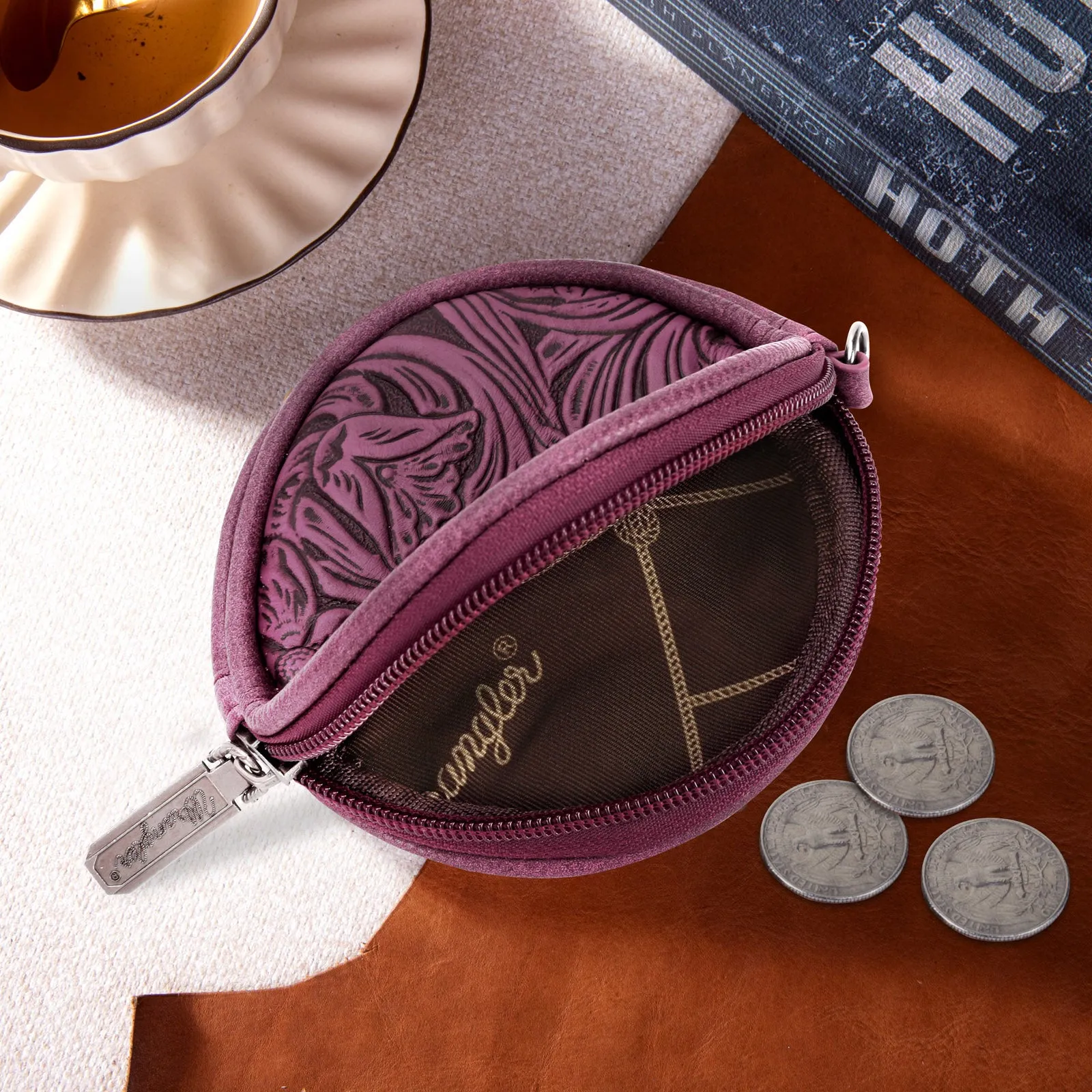 WG116-003  Wrangler Floral Tooled Circular Coin Pouch Bag Charm - Purple