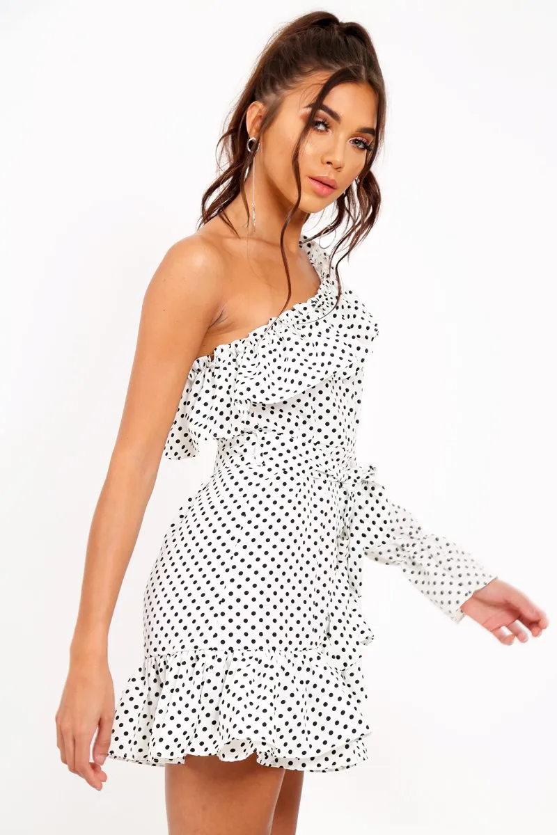 White and Black Polka Dot One Shoulder Frill Dress - Zyann