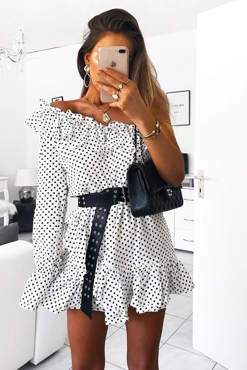 White and Black Polka Dot One Shoulder Frill Dress - Zyann