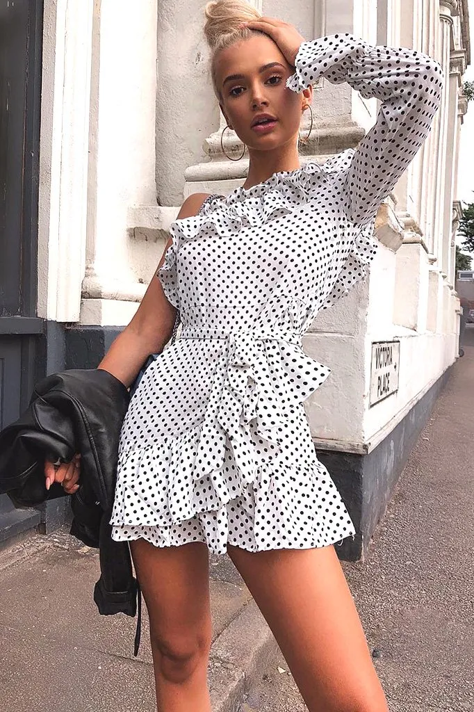 White and Black Polka Dot One Shoulder Frill Dress - Zyann