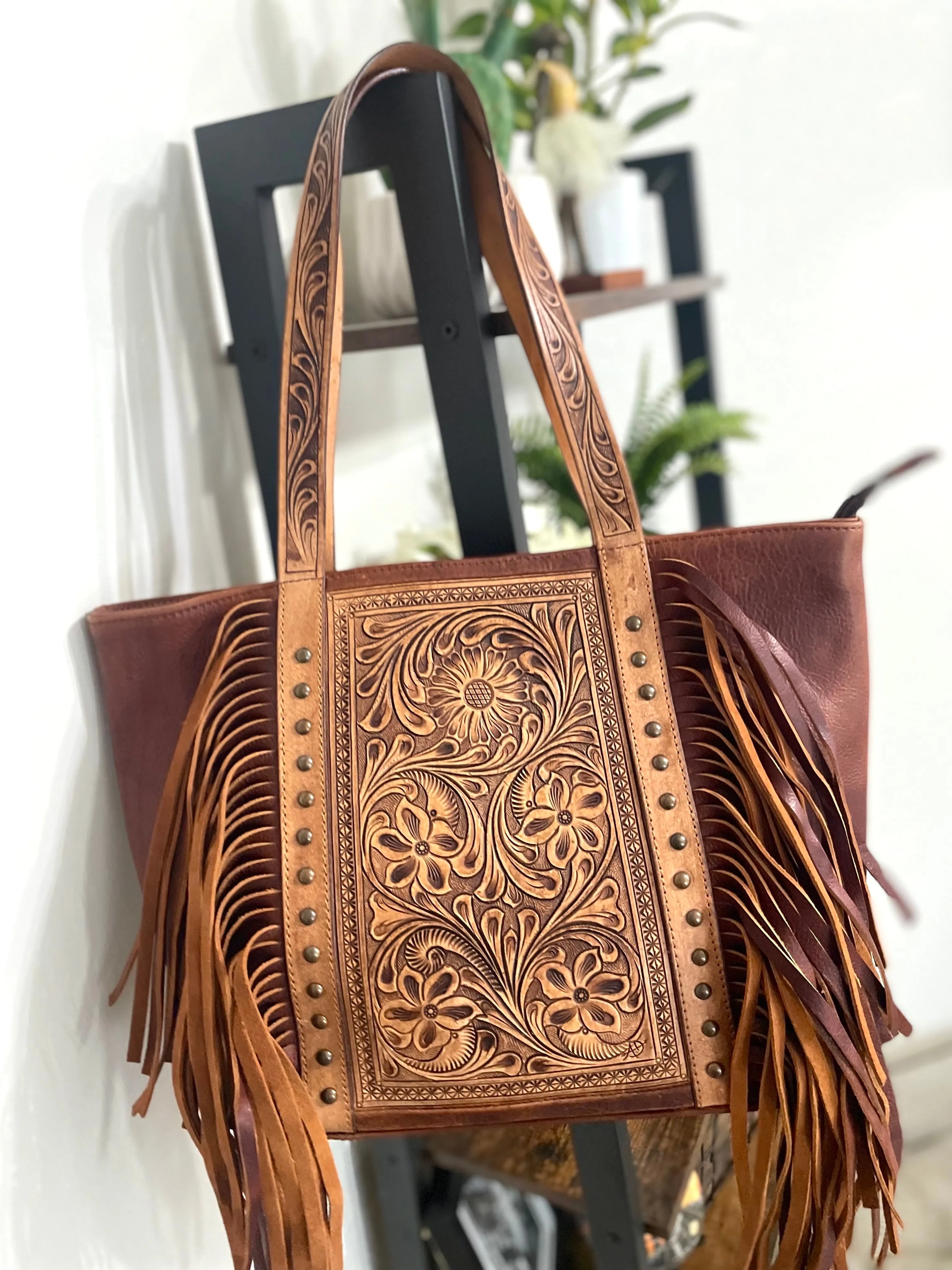 Wild Flower Leather Tooled Tote
