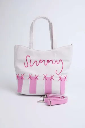 Women Bag  Two Tone Tote With Embroidered Pink