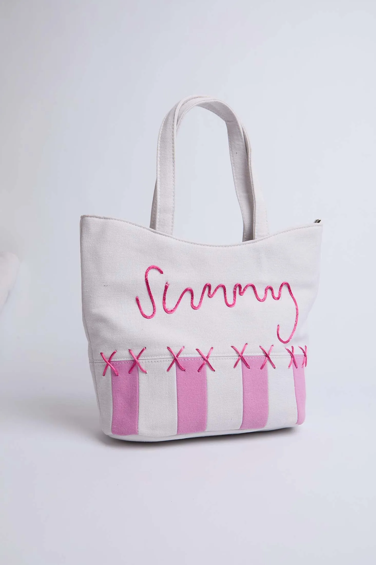 Women Bag  Two Tone Tote With Embroidered Pink