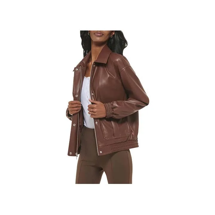 Women™s Brown Leather Bomber Jacket - Genuine Leather, Zip Closure